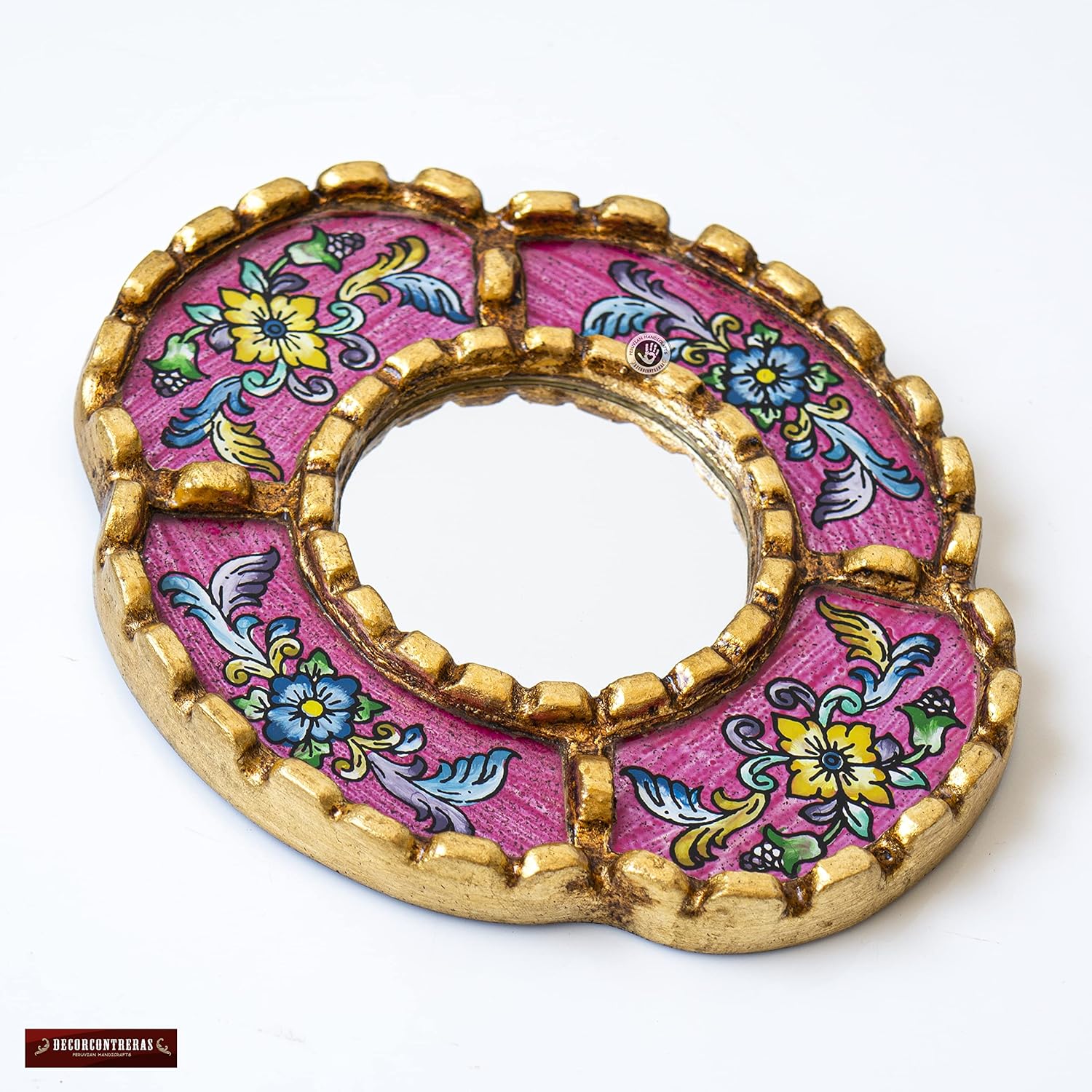 Peruvian Mirror Wall - Handmade Reverse Painted Glass Art - Elegant Miniature Oval Mirror for Gallery Wall - Unique 6" x 5.1" (Pink)