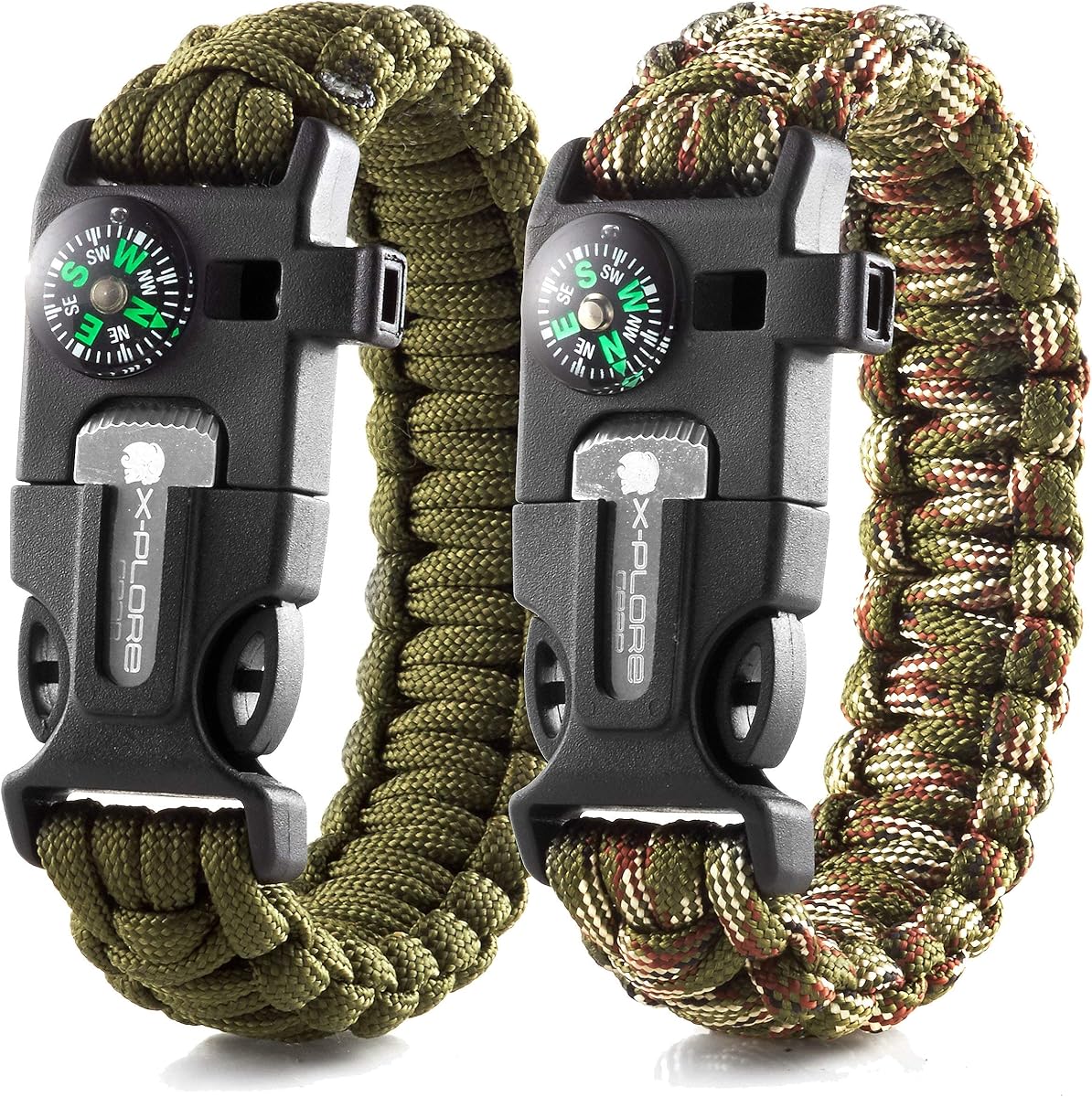 Emergency Paracord Bracelets | Set of 2| The Ultimate Tactical Survival Gear| Flint Fire Starter, Whistle, Compass & Scraper | Best Wilderness Survival-Kit for Camping/Fishing & More