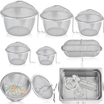 6 Pcs Ultrasonic Cleaner Baskets, Stainless Steel Jewelry Cleaning Basket with Lock and Hook, Mesh Steam Cleaner Basket for Small Parts,Watch Parts6 Sizes