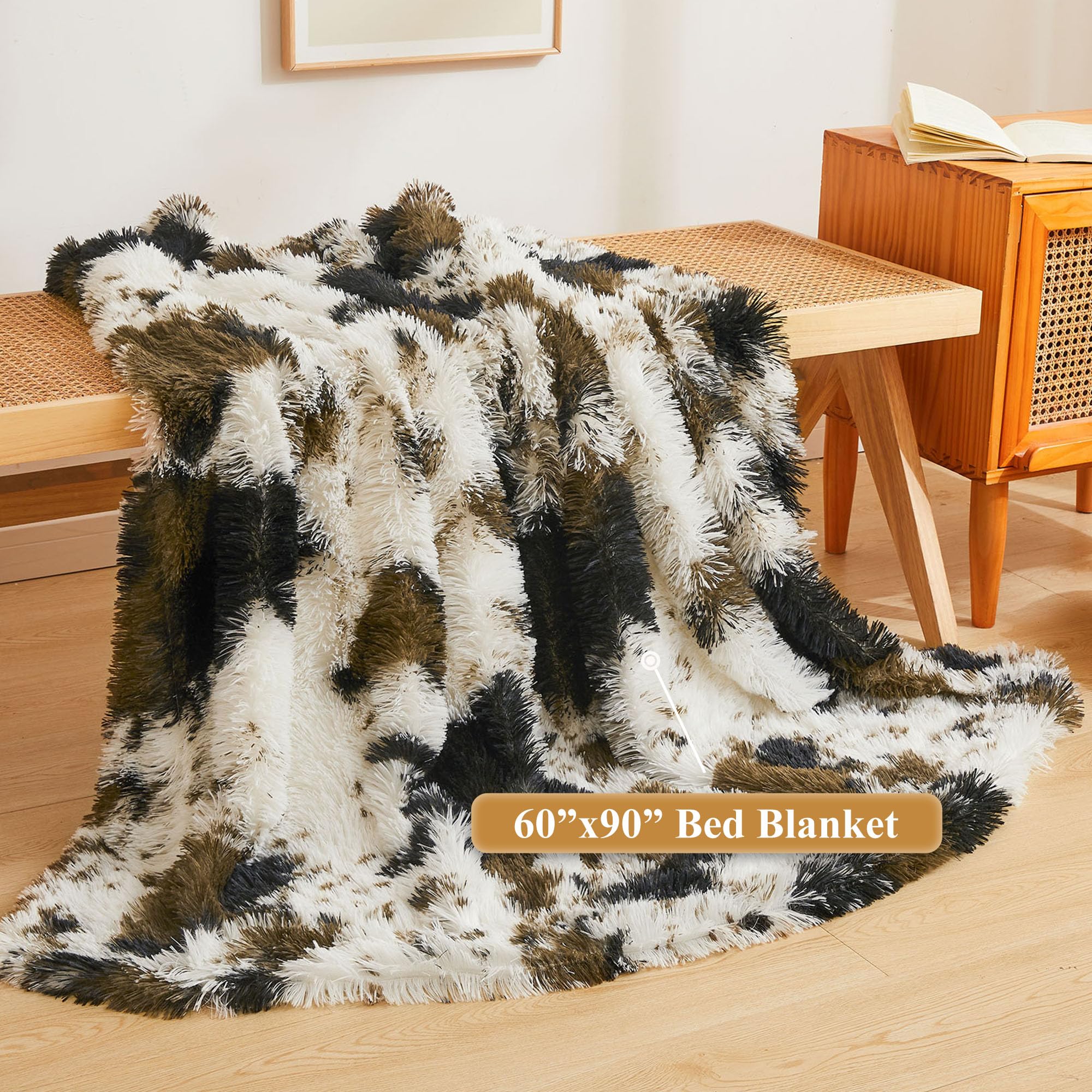 XeGe Luxury Faux Fur Blanket, Soft Cow Print Big Fluffy Bed Blanket, Shaggy Plush Decorative Couch Throw - Image 2