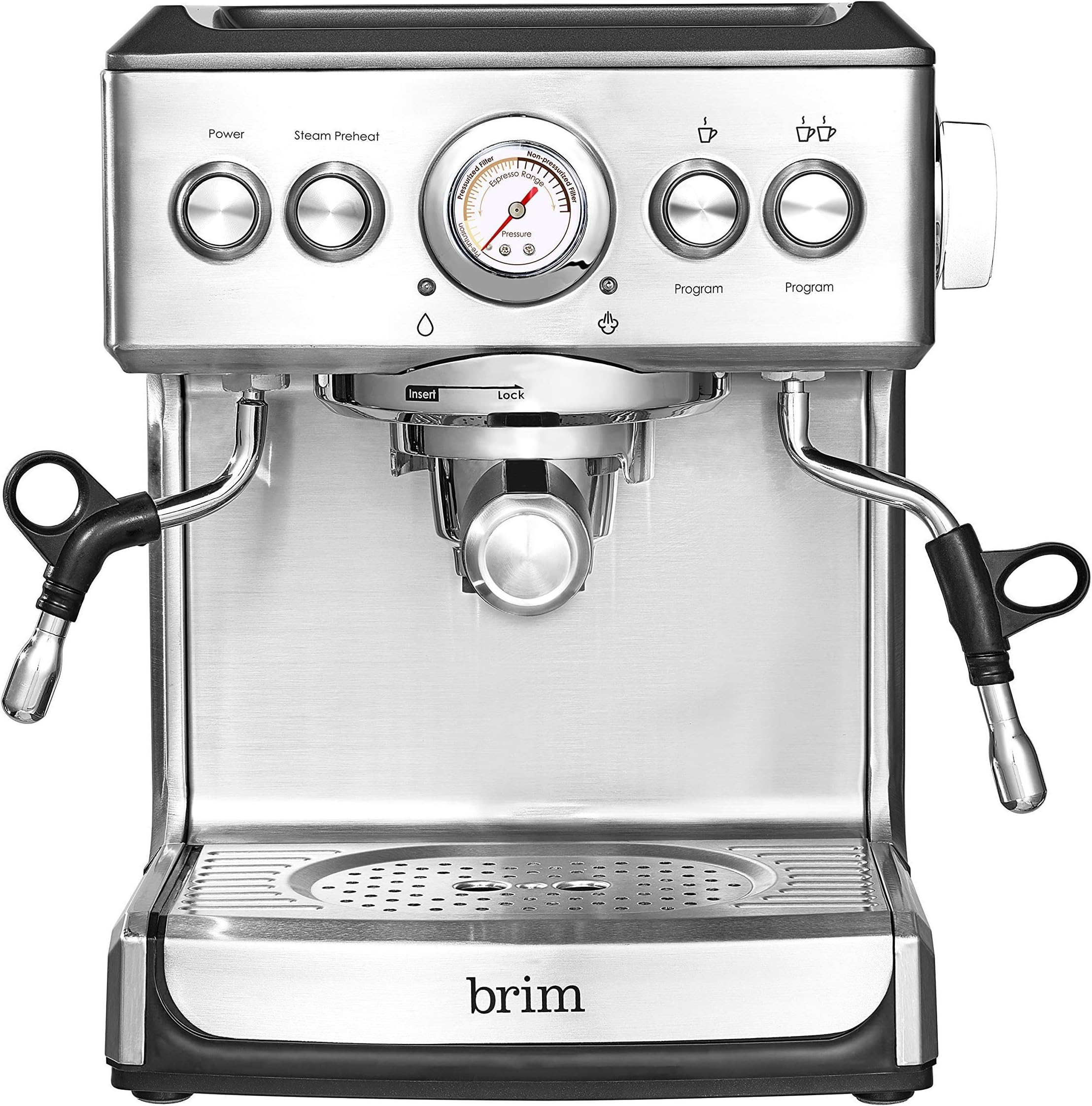 brim19 Bar Espresso Machine, Fast Heating Cappuccino, Americano, Latte and Espresso Maker, Milk Steamer and Frother, Removable Parts for Easy Cleaning, Stainless Steel