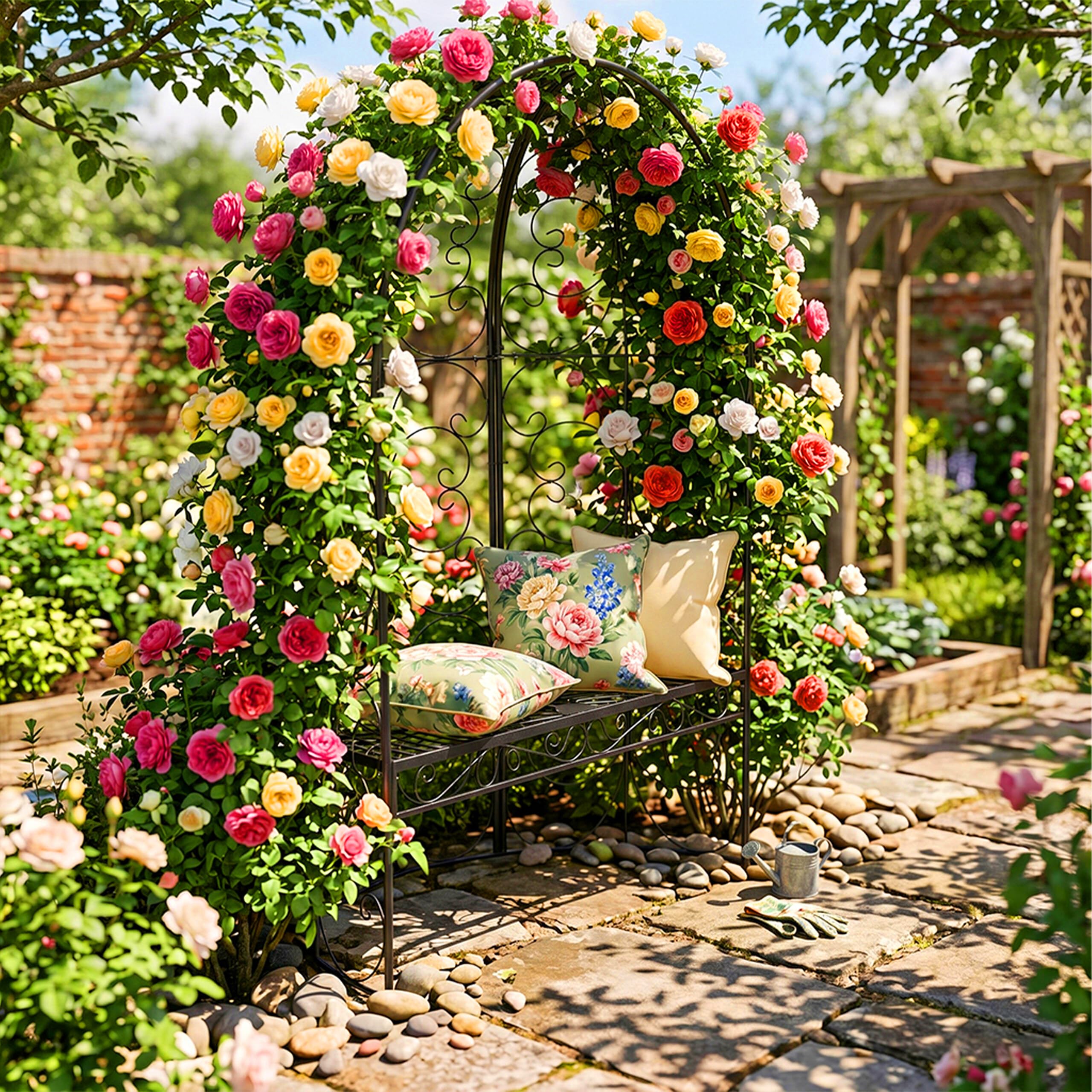 Panchina da Giardino Relaxdays con Arco per rampicanti, Portata 240 kg, A x L x P 178 x 120 x 58 cm, Nero