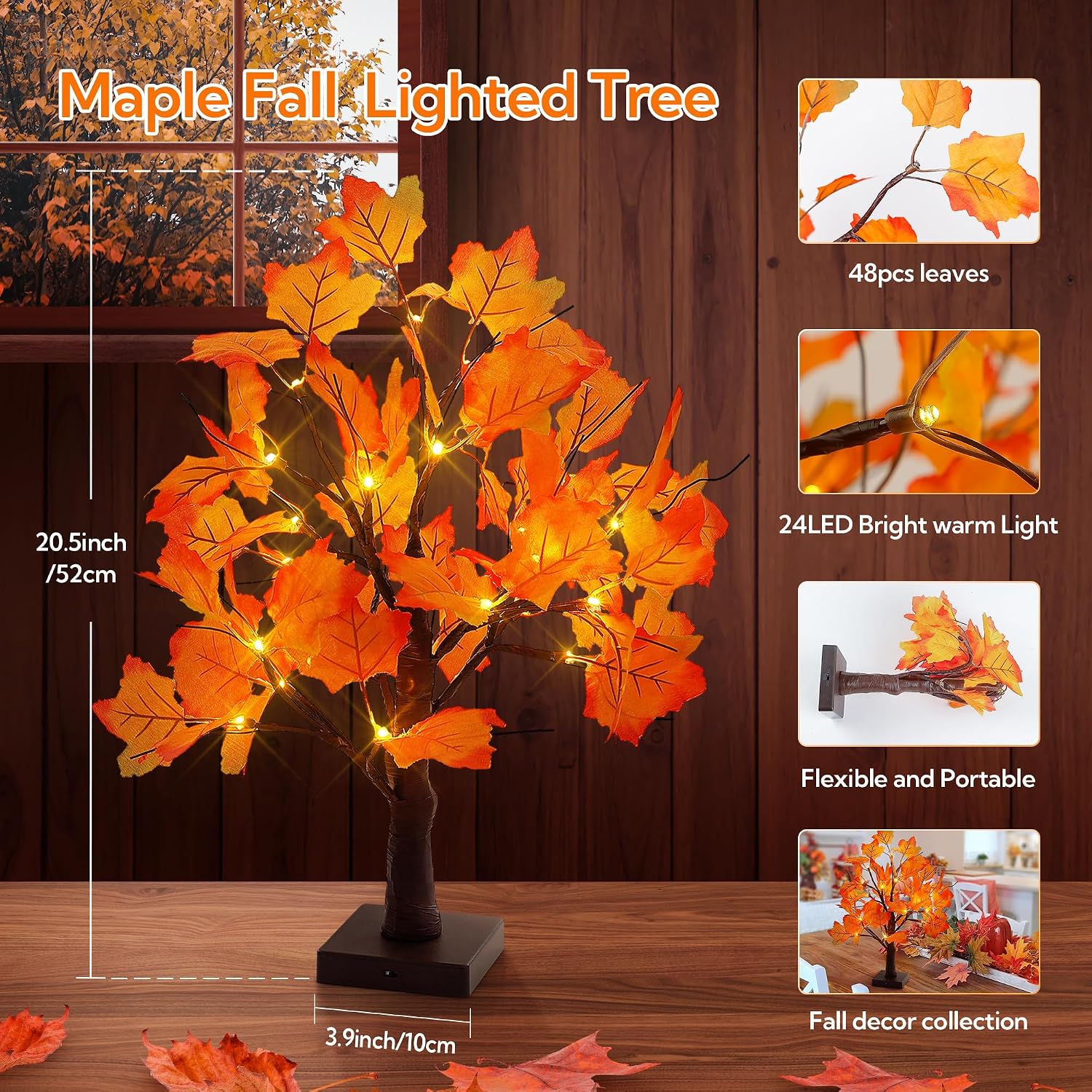 woohaha Lighted Maple Fall Tree Autumn Thanksgiving Tabletop Decor | 24LED battery with timer, Light Up artificial maple tree for autumn harvest Xmas indoor home Bedrom party Decorations