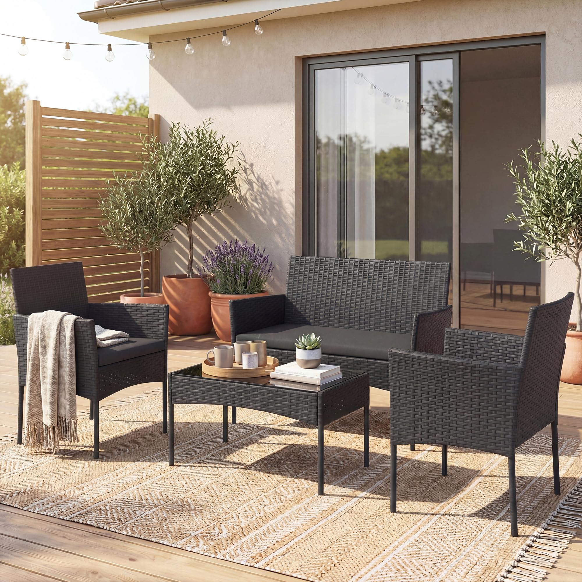 Set da Giardino in Rattan 4 Pezzi con Tavolino in Vetro, Divano e Poltrone, Grigio
