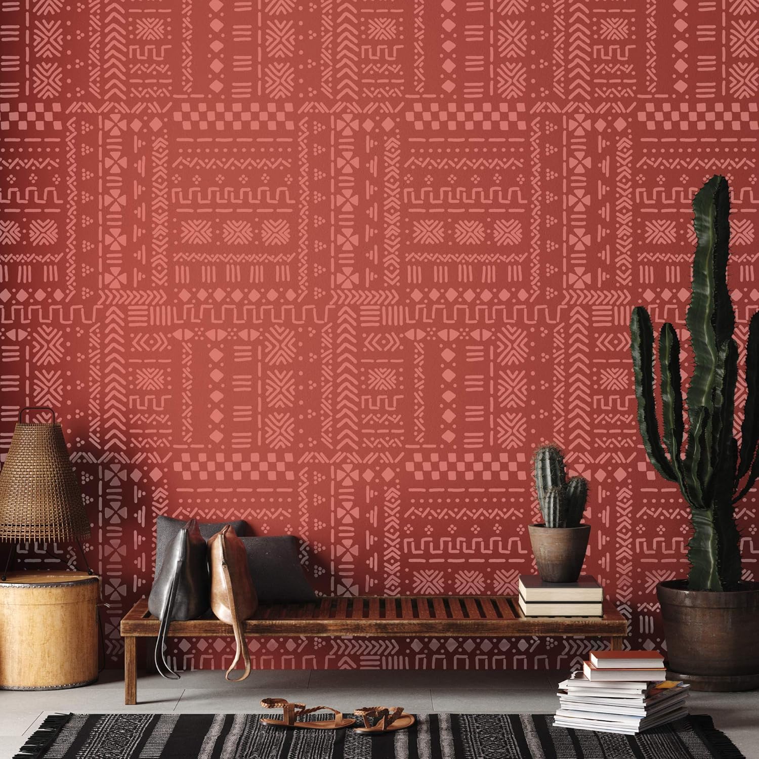 NAKLEO Wall Painting Stencil Large Size, 23,2”x37,4” Mali Mudcloth African Boho Reusable Plastic Template, Geometric Pattern Wallpaper, DIY Home Decor Craft Wood Floor Furniture