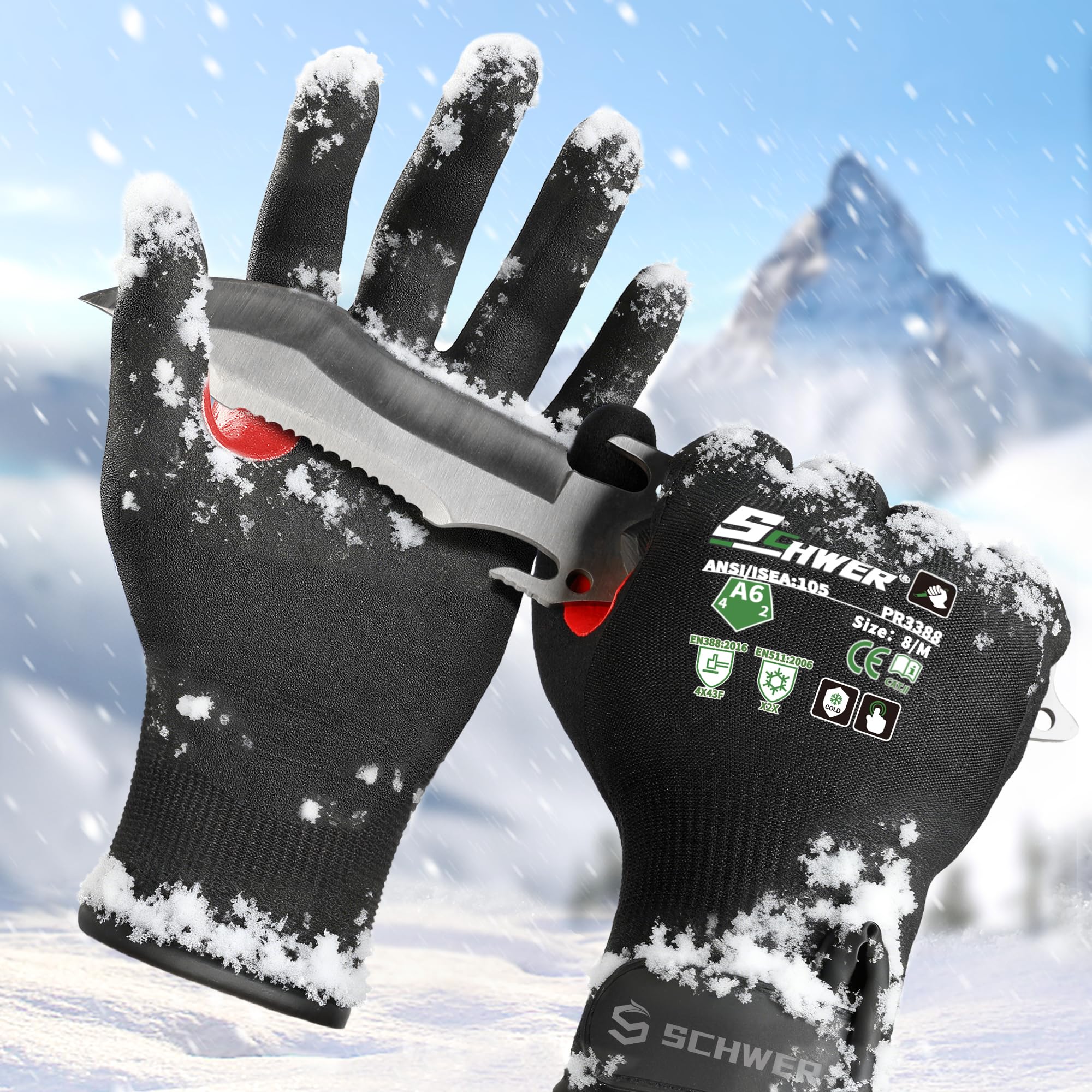 Schwer FreezeGuard Winter Work Gloves for Men and Women, ANSI A6 Cut Resistant Gloves With Super Grip, Freezer Glove for Work, Touchscreen, Thermal Insulated, PR3388, Black Knight (M, 2 Pairs)