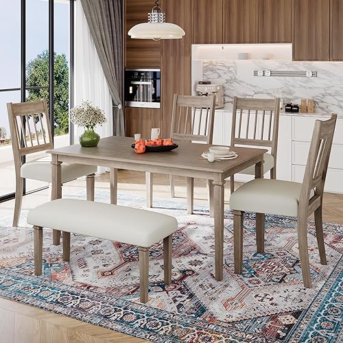 Miniatura 10 de Merax Juego de mesa de comedor de 60 pulgadas de largo para 6 personas con 4 sillas tapizadas de lino y banco, juego de mesa moderno para 6, ideal