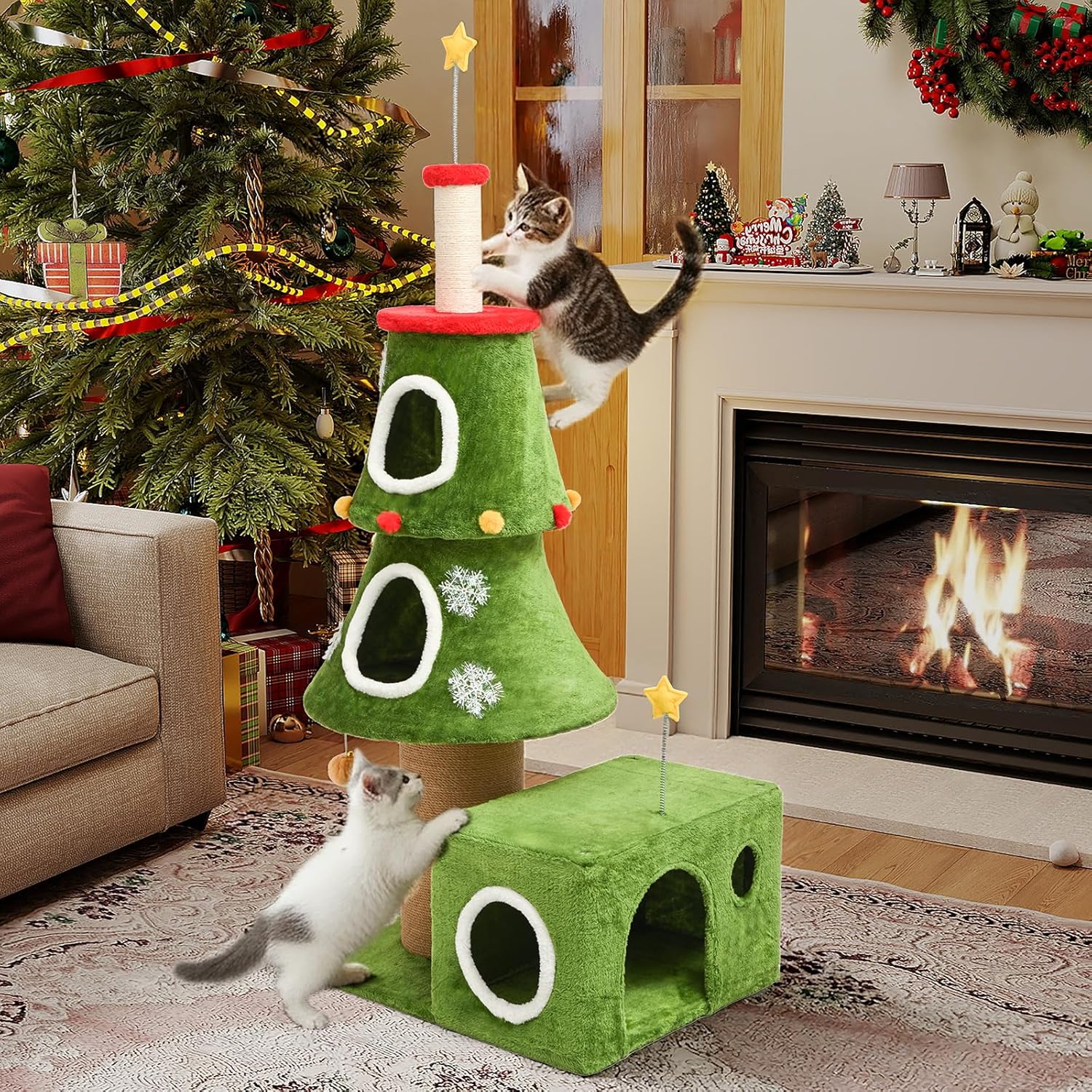 BYBYME 57" Tall Cat Tree,Christmas Tree Shape Cats Tower, Sturdy Cat Furniture Set with Cat House, Hanging Toys, Scratching Sisal-Covered Posts, Multi-Level Kitten Activity Trees（23.6 * 18.8 * 57in）