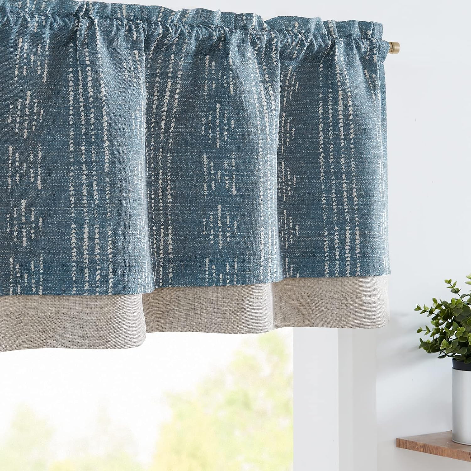 jinchan Geometric Striped Boho Valance Curtains Blackout Double Layer Valance for Windows 18 Inch Farmhouse Window Treatment for Kitchen Living Room Bedroom Rod Pocket 1 Panel Blue
