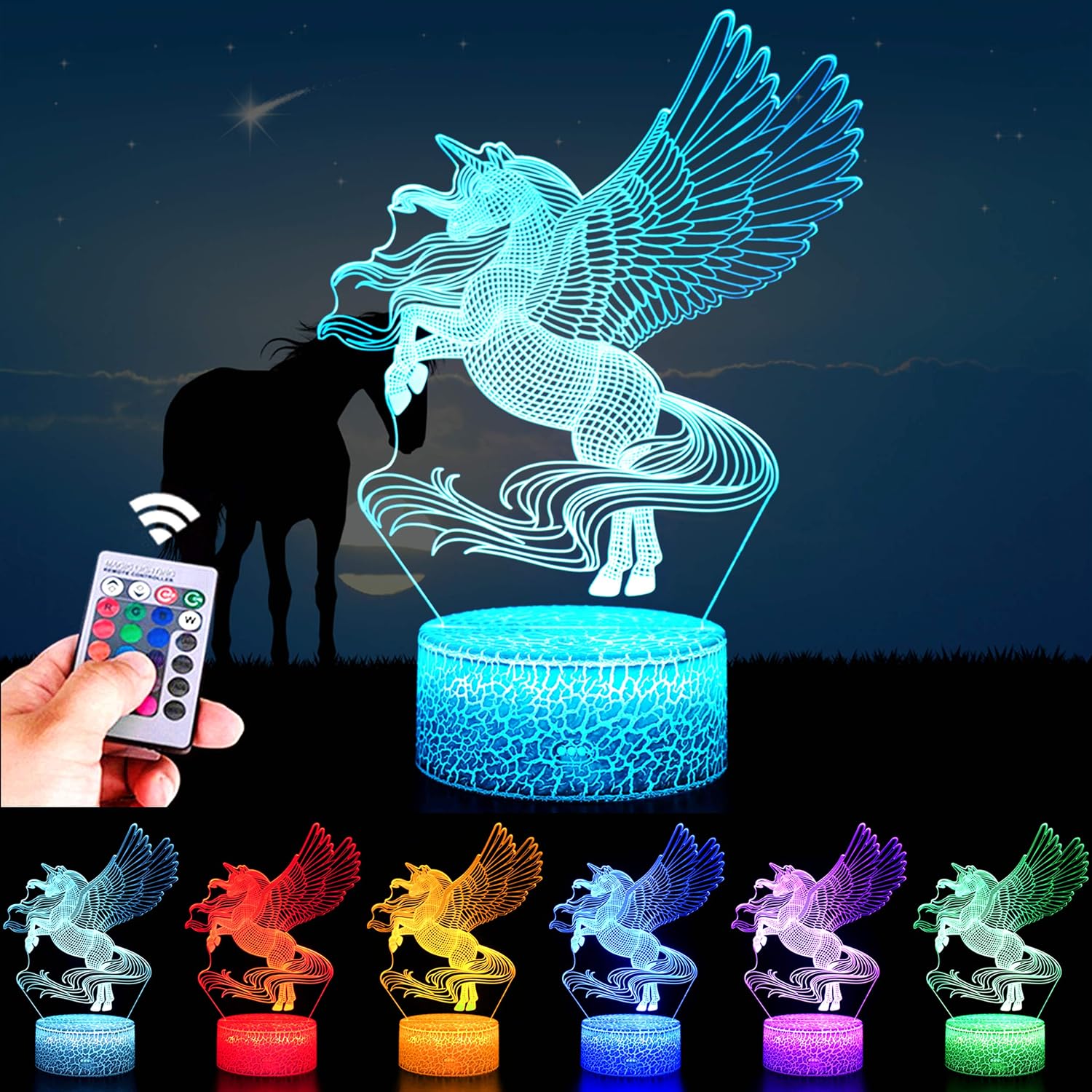 Goodream Unicorn Night Light Remote Control 16 Colors Children 3D Illusion Bedside Lamp Unicorn Toys for Kids Sleep 2 3 4 5 6 7 8+ Girls Birthday Christmas Gifts Bedroom Room Decor