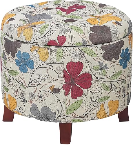 Adeco Otomana redonda de almacenamiento de 17 pulgadas de altura, taburete moderno de tela de lino con tapa extraíble y patas de madera para