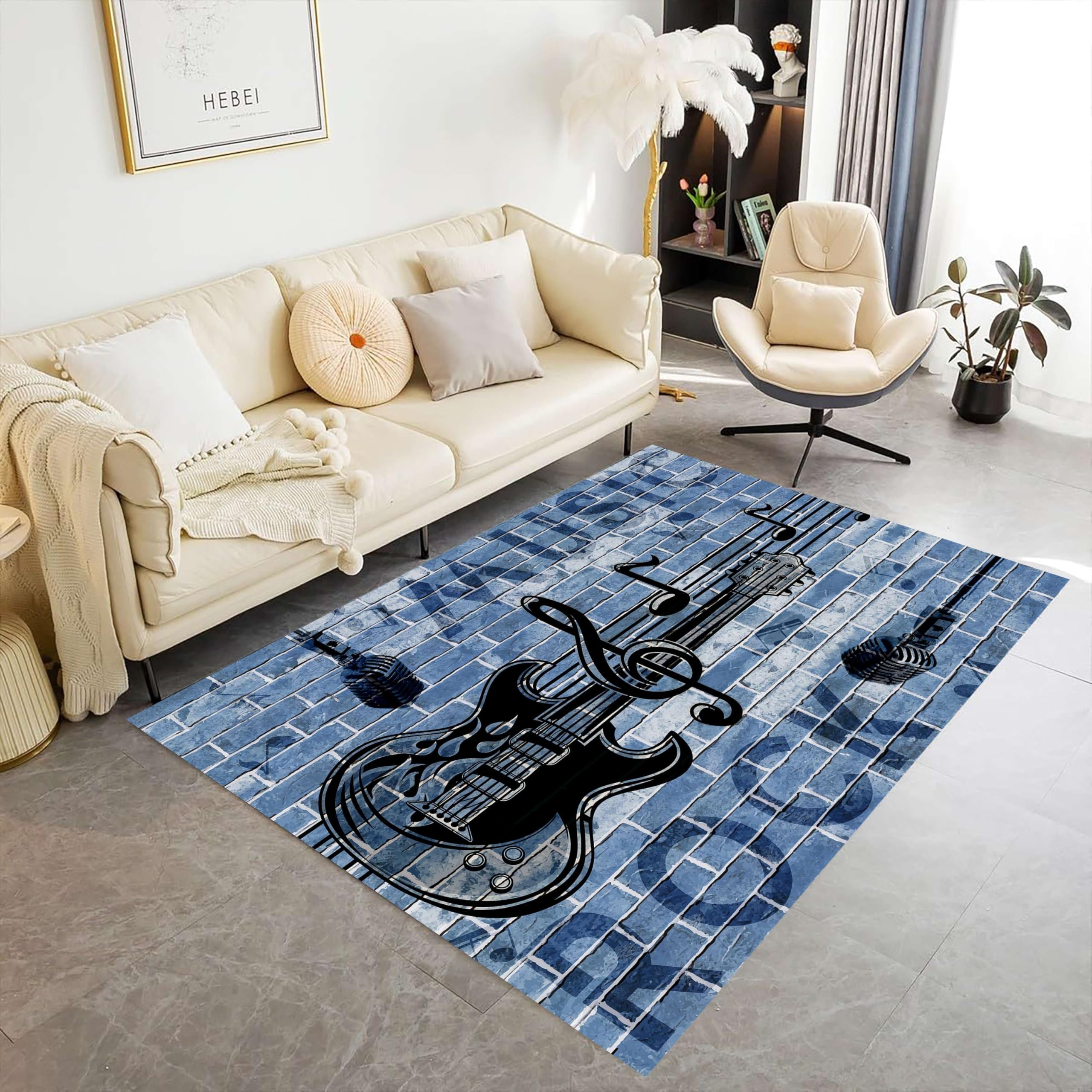 SOJAWA Music Area Rug, 180x260cm Vintage Blue Electric Guitar Music Notes Bedroom Rugs, Soft Non-Slip Washable Indoor Carpets for Office Apartment Living Room Durable Carpet