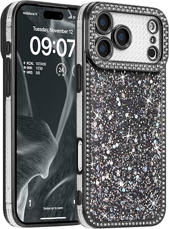FABSPARK Case for iPhone 17 Pro Max,Glitter Crystal Diamond Rhinestones Sequin Shiny Bling Sparkly Glossy Luxury Electroplated Case,Aesthetic Cute Full Protection for iPhone 17 Pro Max,Black