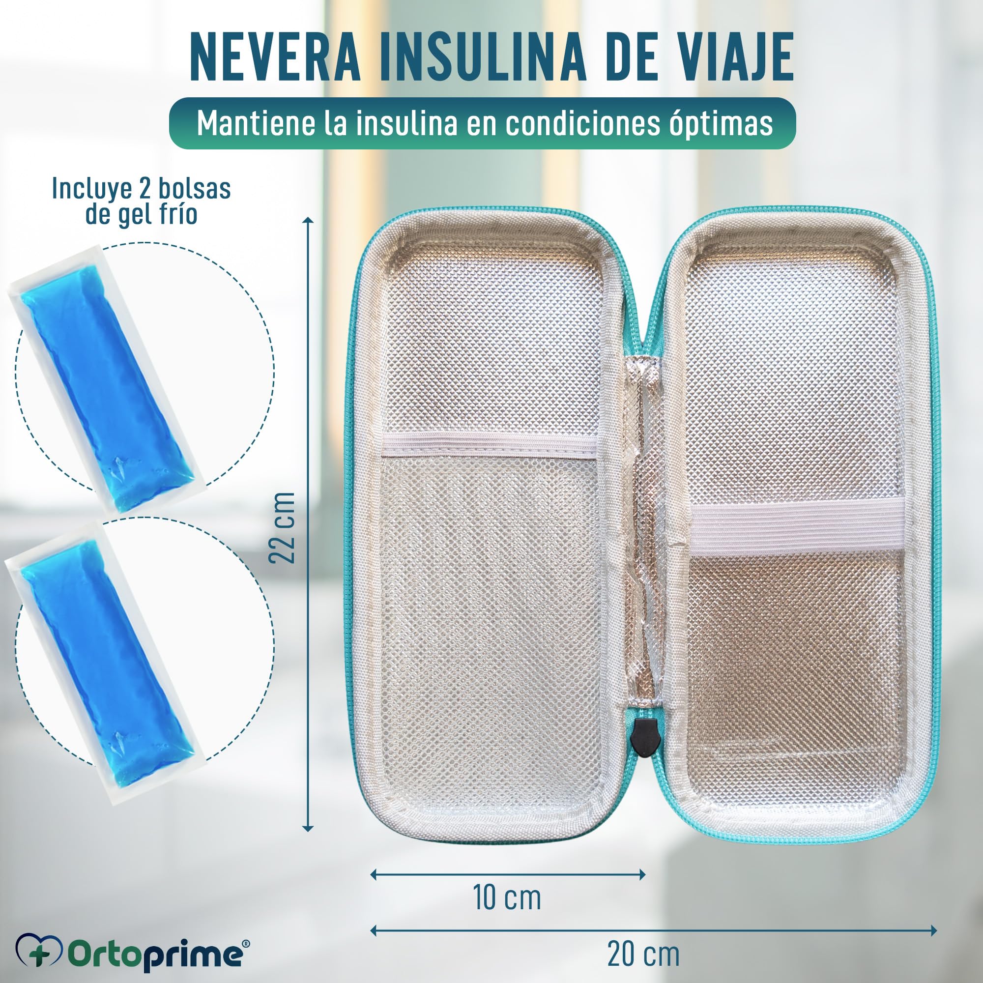 OrtoPrime Nevera para Insulina FRÍO X2 GELES INCLUIDOS Porta insulina Isotérmico 12H Viaje Portátil para DIABÉTICOS