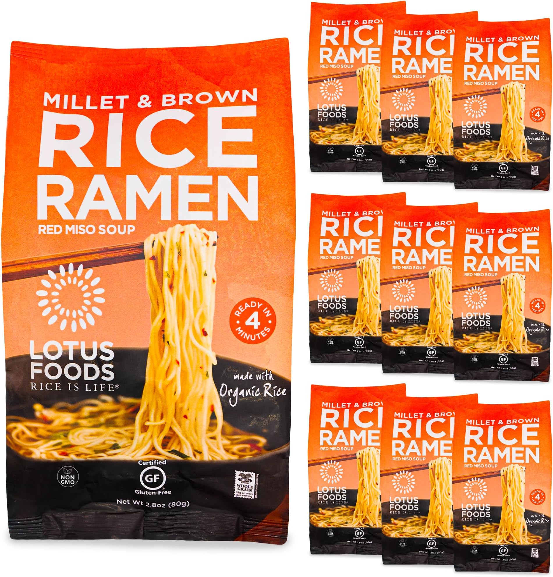 Lotus Foods Rice Ramen Noodles - Millet And Brown Rice With Miso Soup - 10 Count