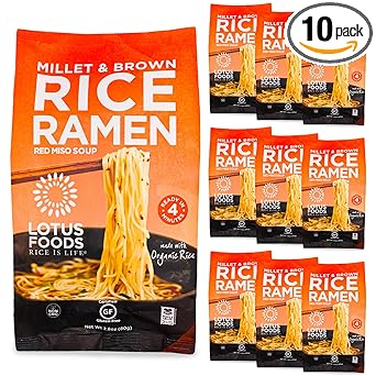 Lotus Foods Bulk Food Organic Millet & Brown Rice Ramen Noodles with Red Miso Soup, Gluten-Free Easy to Cook & Healthy Japanese Noodles with Instant Gourmet Broth, 2.8 Oz (Pack of 10)