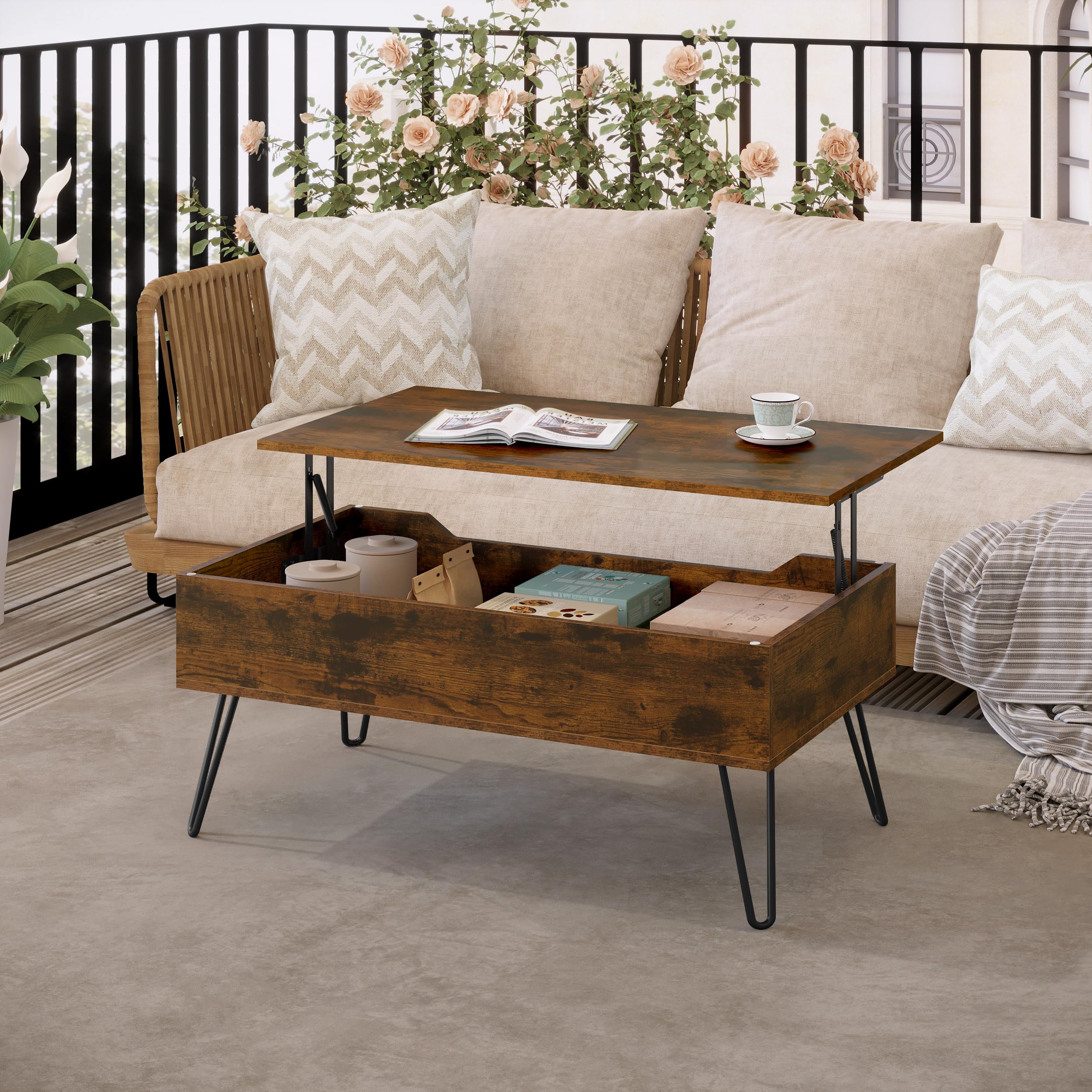 WOLTU Tavolino da Salotto, Tavolino da caffè Sollevabile, con Scomparto Nascosto, Stile Industriale, 95x50x(40-55,5) cm, Marrone Rustico + Nero