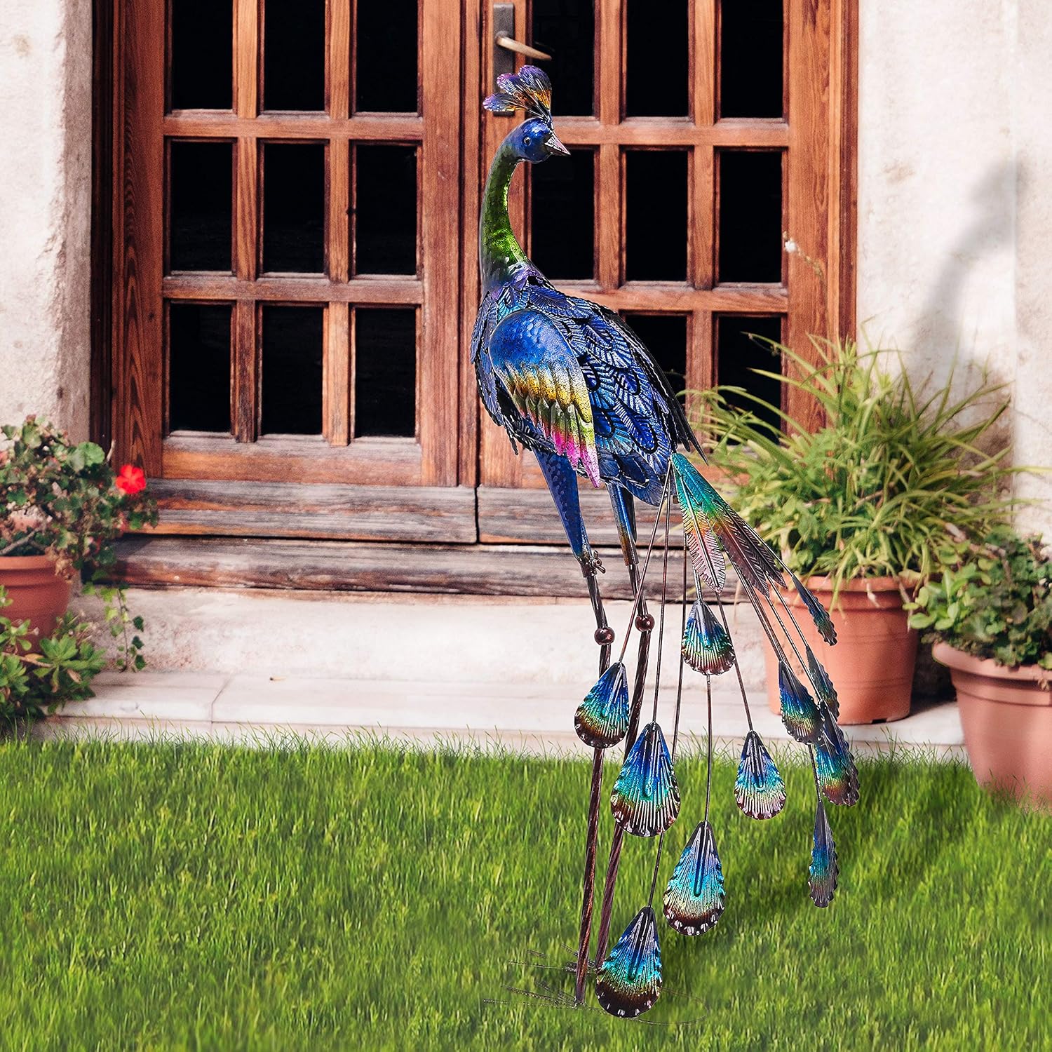 TERESA'S COLLECTIONS Outdoor Decor Peacock Yard Art Garden Sculptures & Statues for Porch Decor,35'' Blue Large Metal Bird Garden Decor for Outside, Yard Decorations Outdoor for Patio,Gifts for Mom