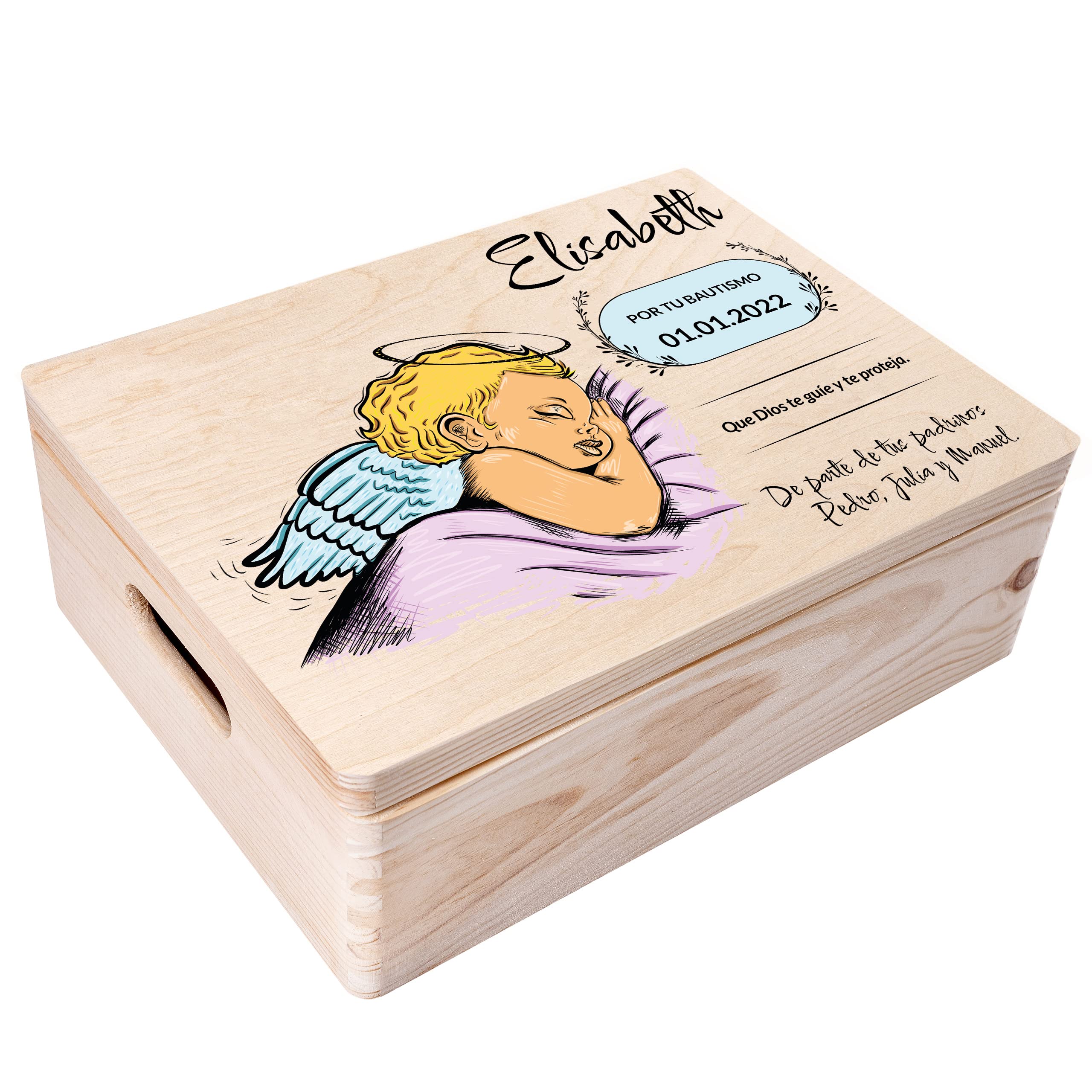 Creative DECO Caja Regalo Personalizada Bautismo para Niños/Niñas | Caja de Memoria de Madera | Personalizado - Ángel | Impreso | Personalizadas para Niño y Niña | Personalizados