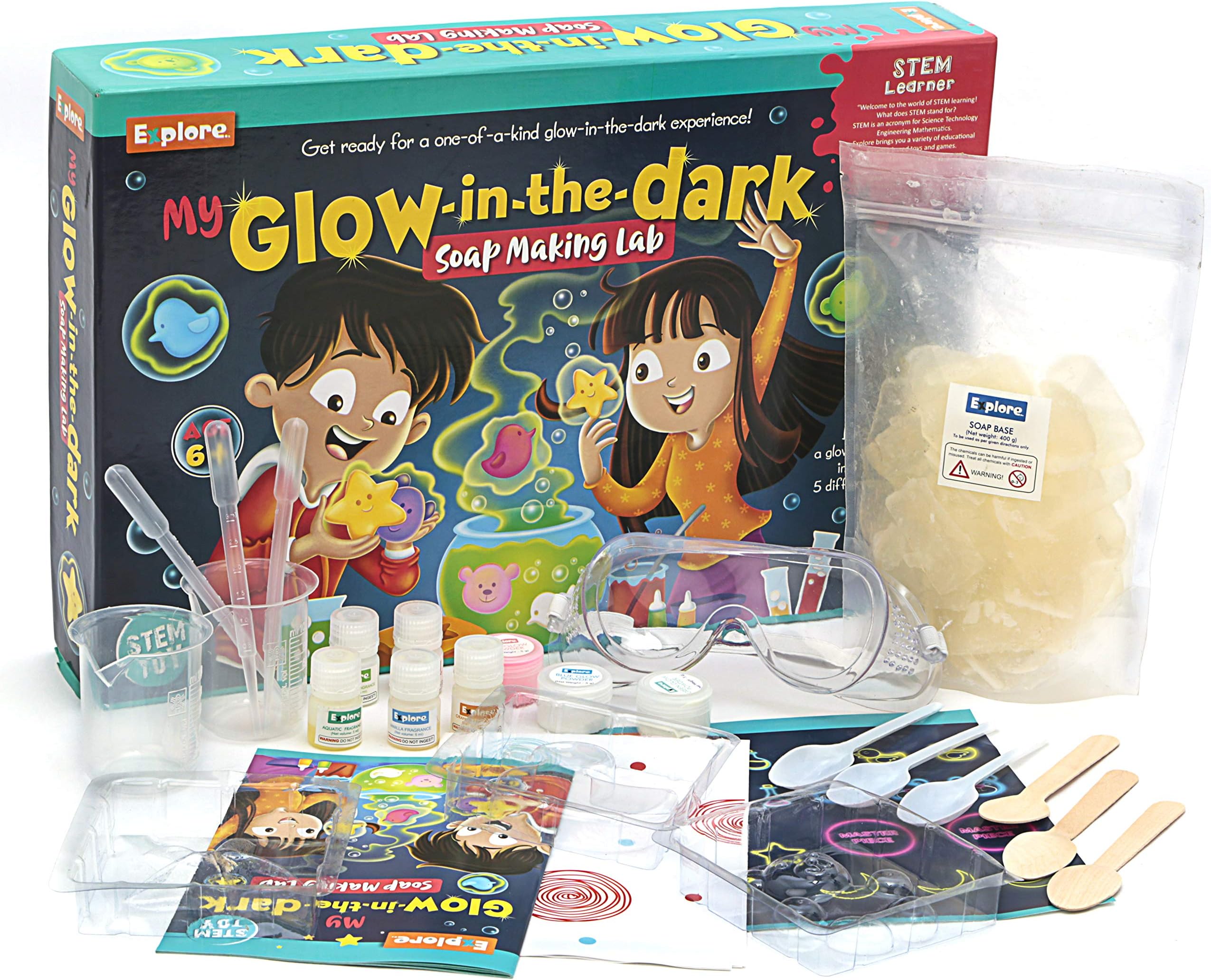 Explore STEM My Glow-in-The-Dark Soap Making Lab – DIY Science Kit for Kids 6+ | Make Glowing Glycerine Soaps | Fun STEM Activity with Safe Materials | Educational Toy Gift | Made in India