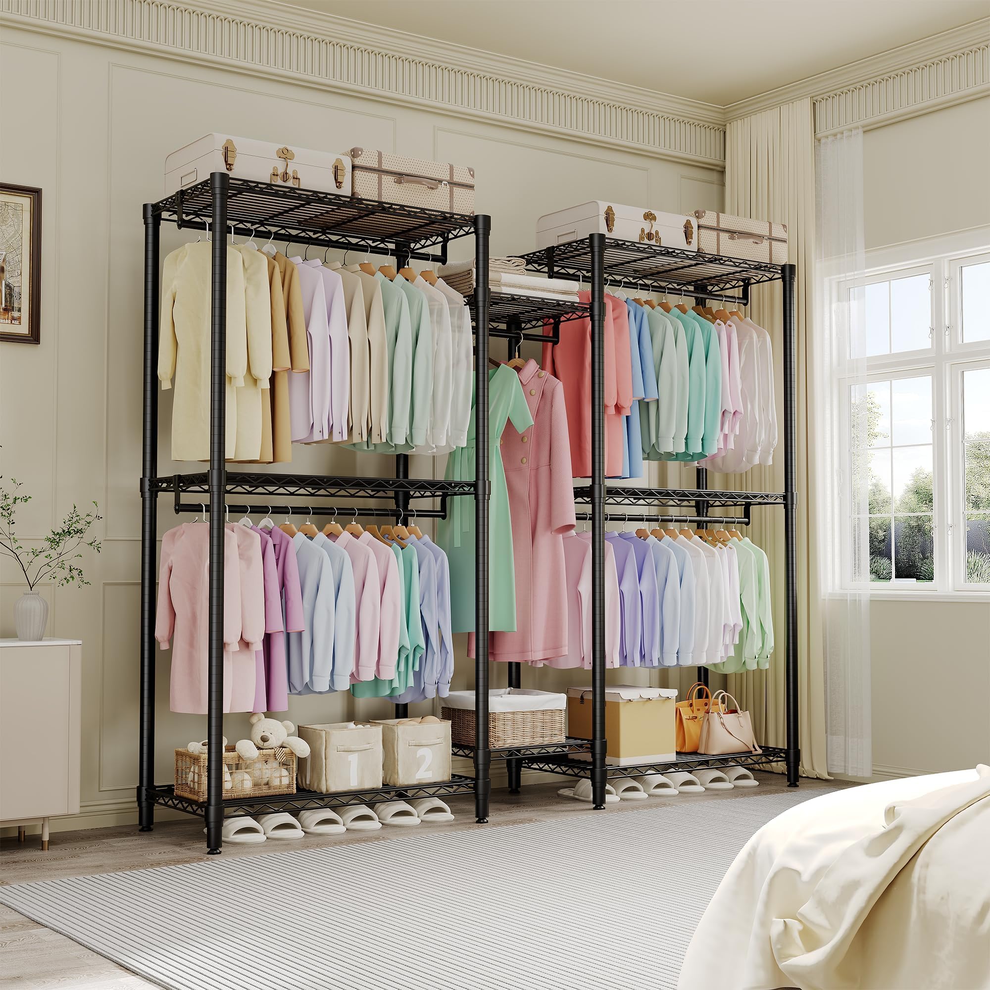 Perchero de Ropa Resistente, Armario Vestidor con 3 Combinaciones, Niveles 3×2×3, Vestidor Profesional para Dormitorio de Adulto, Perchero de Dos Pisos, Negro 195×45×195cm