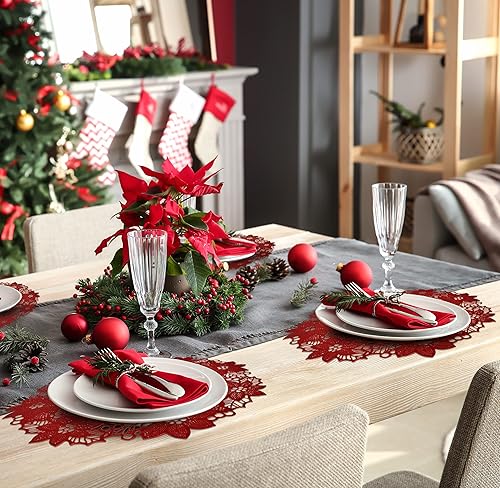 Miniatura 4 de Gift Boutique Juego de 4 manteles individuales redondos de Navidad de vinilo metálico rojo festivo, lavables para decoración de mesa de cena, 15