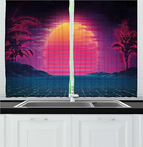 Ambesonne Synthwave - Cortinas de cocina, ilustraciones inspiradas en futurismo retro con sol y palmeras, juego de 2 paneles para decoración de