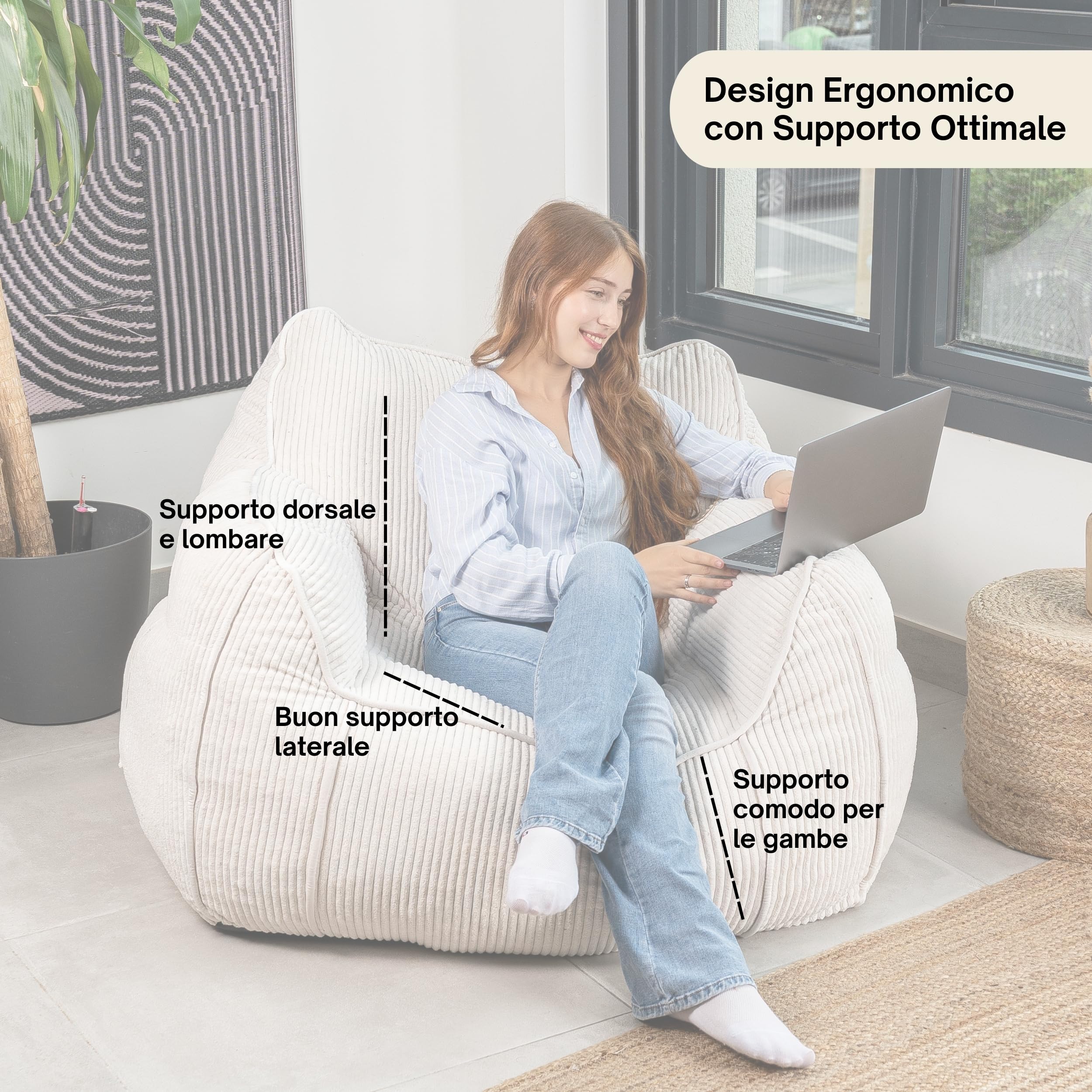bananair - Pouf Poltrona per Salotto e Camera - Tessuto in Velluto a Coste Morbido ed Elegante - Poltrona Sacco Generosamente Imbottito, Ideale per un Ambiente Accogliente (Bianco Sporco)
