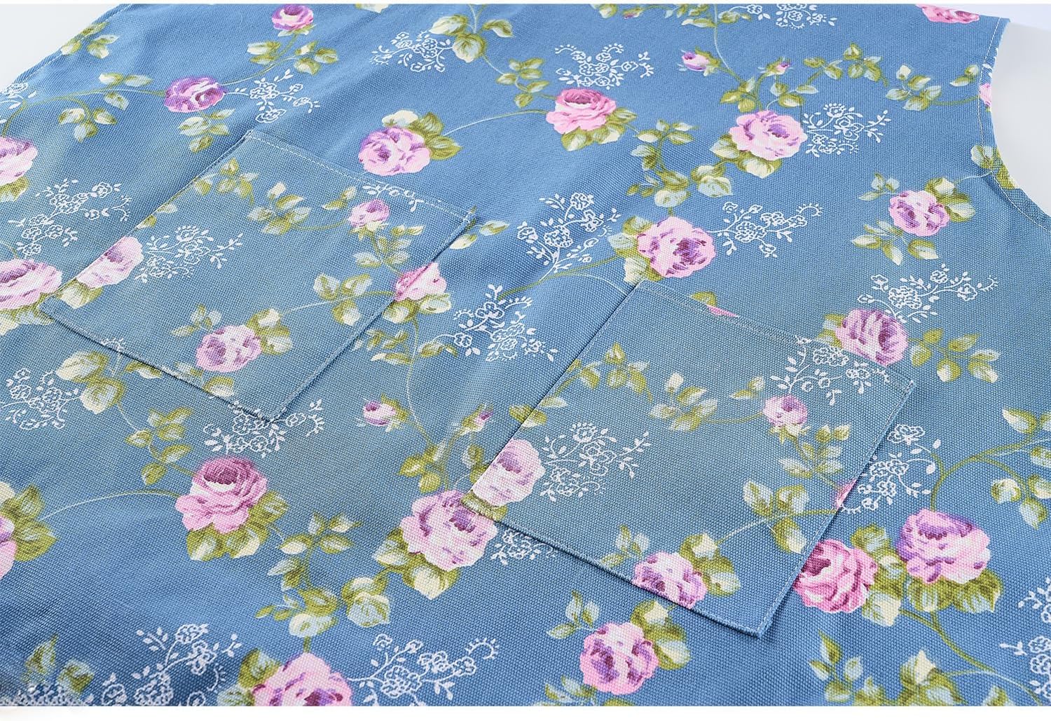 DDJYP Women Kitchen Apron-2 Pack, Cotton Canvas Flower Apron, Floral Pattern Apron with Pockets for Women Chef Apron(Green&Blue) - Image 3