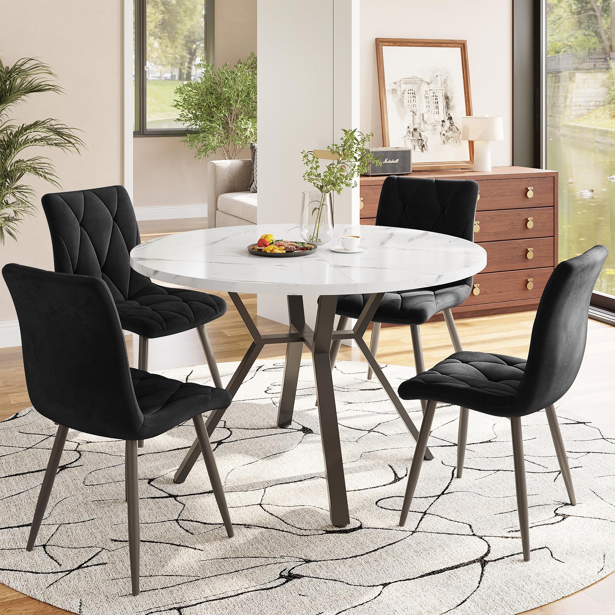 Tavolo da pranzo rotondo 100 × 100 × 76 cm, tavolo da cucina per 4 persone, tavolino da caffè, tavolo in marmo MDF, piccolo tavolo da pranzo per sala da pranzo, soggiorno (stile A, bianco+