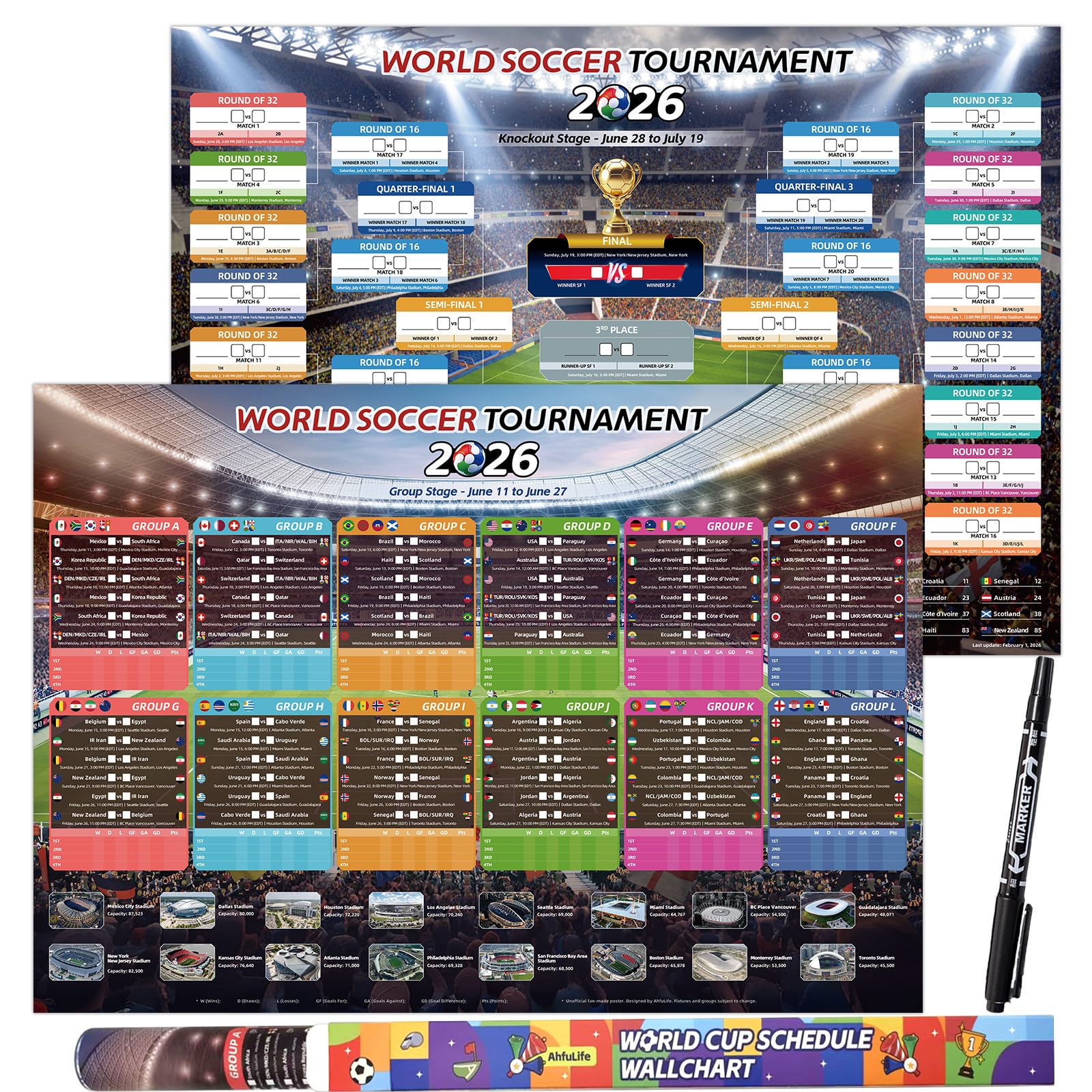 AhfuLife Soccer Schedule Poster 2026, A2 Size-23.3" x 16.5", 2 Pcs Match 2026 Calendar Wall Chart Decorations, Soccer Tournament Wallchart for Fans Home Office Bar Party Decor — view 8