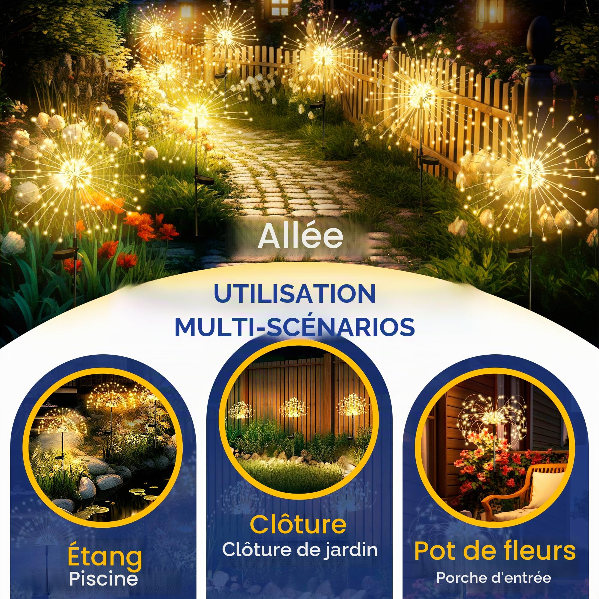 GIGALUMI Lot de 4 Solaires Extérieur Jardin,120 LED Feux d'artifice Solaires,Étanche Lampe Solaire de Pissenlit pour Cour, Pelouse, Fête, Patio, Décoration de Mariage (blanc chaud)