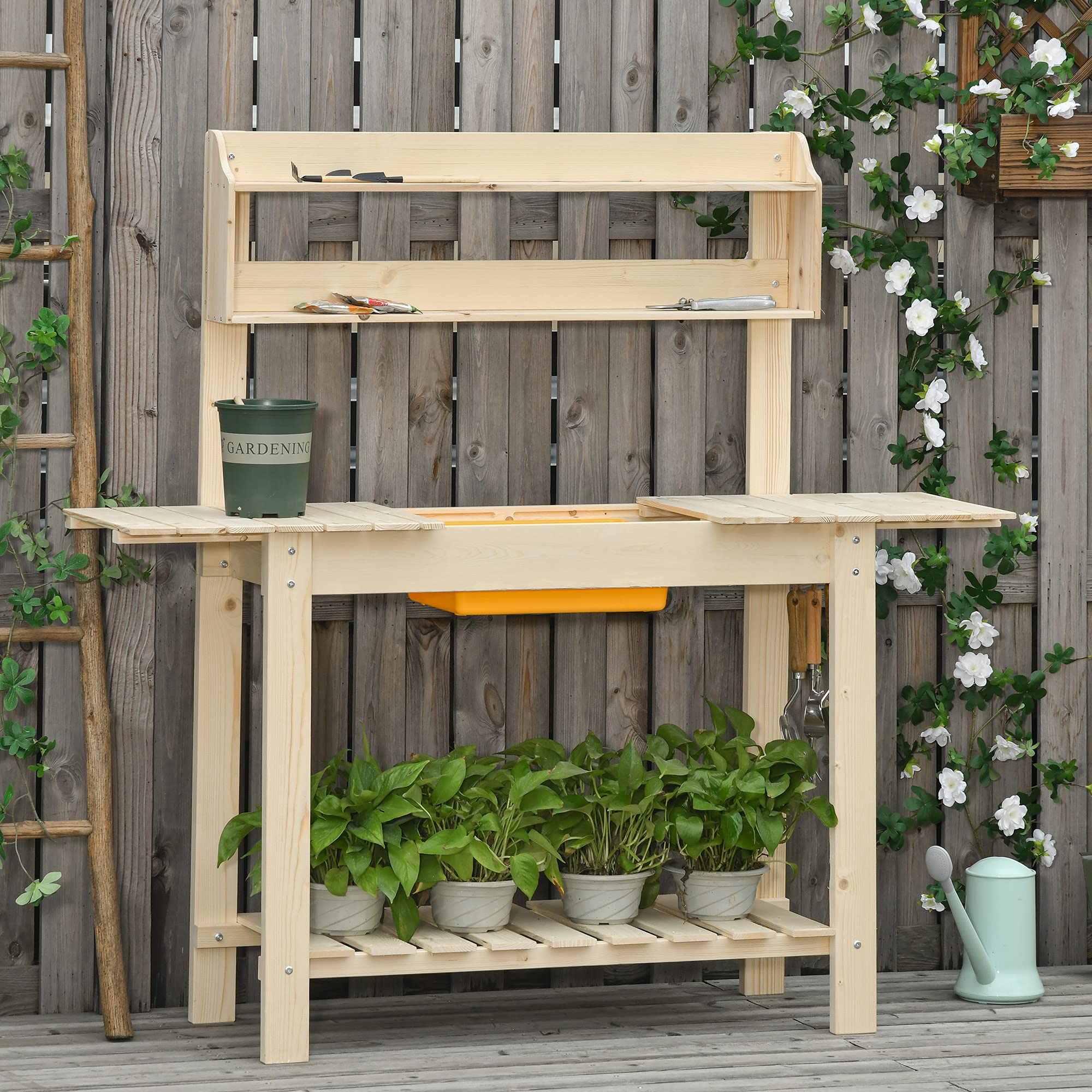 Outsunny Mesa de Plantación de Madera Mesa para Macetas Mesa de Trabajo con Tablero Deslizante 3 Estantes Ganchos Jardín Patio Garaje 100x40x140 cm Natural
