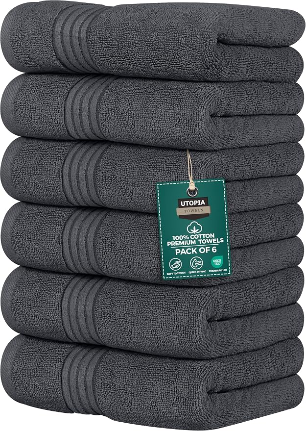 Utopia Towels 6 Piece Premium Hand Towels Set, 16 by 28 inches, 100% Ring Spun Cotton, Lightweight and Highly Absorbent Towels for Bathroom, Travel, Camp, Hotel, and Spa, Grey