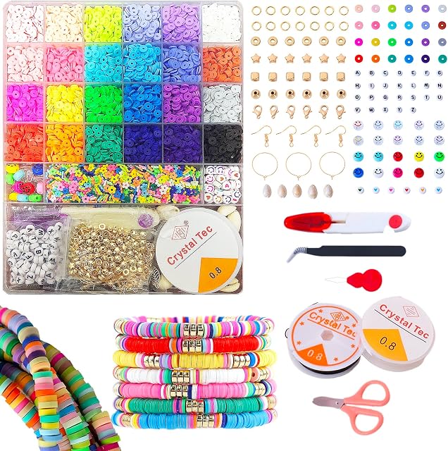 56 Colors Clay Beads, 7000 Pcs Jewellery Making Kit  Includes Smiley Face Beads, Letter Beads & Bracelet String - Polymer Clay Beads for Bracelet Making Kit