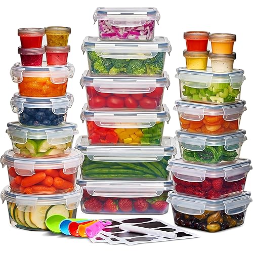 24 Pack Airtight Food Storage Container Set - BPA Free Clear Plastic Kitchen and Pantry Organization Meal Prep Lunch Container with Durable Leak Proof Lids - Labels, Marker & Spoon Set