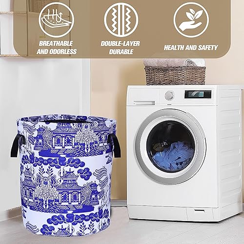 Miniatura 7 de Cesta de lavandería de porcelana blanca y azul chinoiserie, plegable, de tela Oxford, divertida bolsa de lavandería, cesta de almacenamiento de
