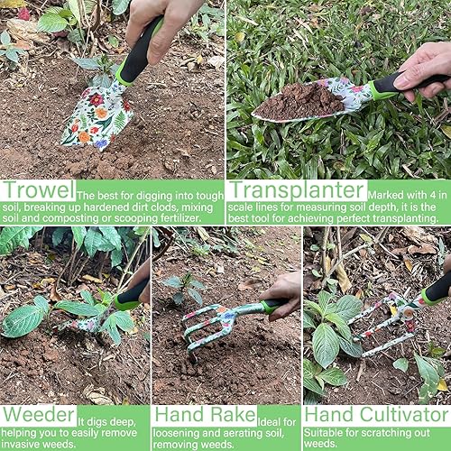 Miniatura 4 de Juego de herramientas de jardinería de aleación de aluminio de 11 piezas con mango de goma suave antideslizante, herramientas de jardinería