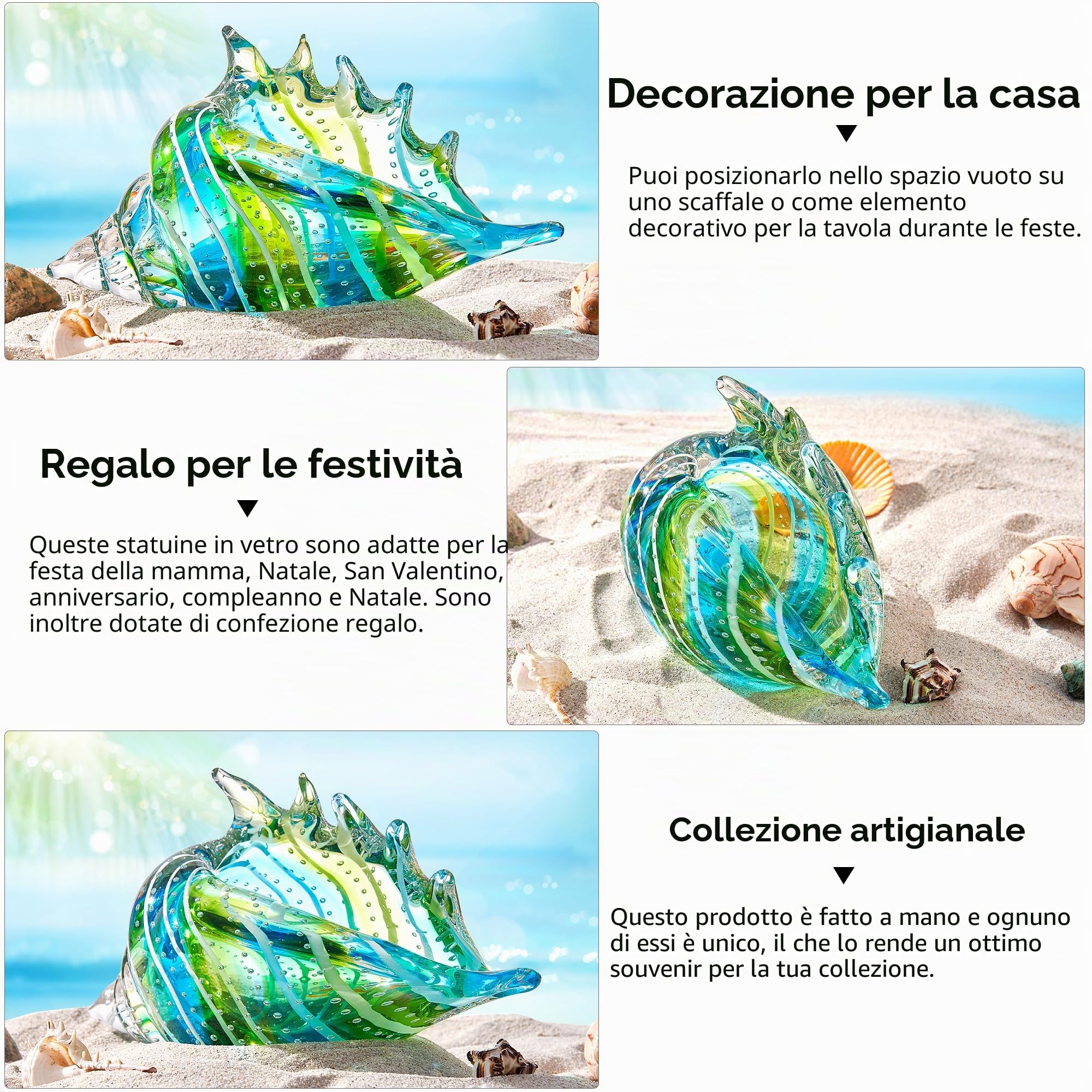 EUSTUMA Conchiglia in vetro soffiato a mano, animali marini, decorazione per la casa, collezione di animali marini, regalo di compleanno (Conch 1)