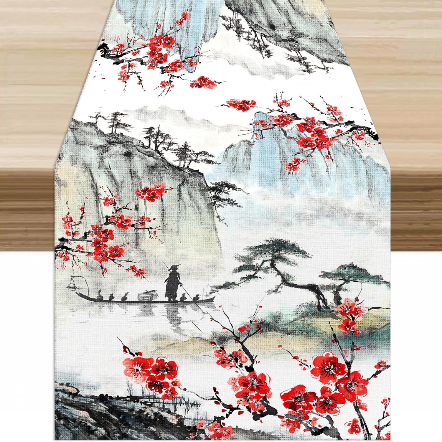 Japanese Table Runner Asian Japanese Chinese Landscape Ink Painting Farmhouse Cherry Blossom Asian Nature Landscape Aesthetic Table Decor Table Top Dining Wedding Party 13x120 ln
