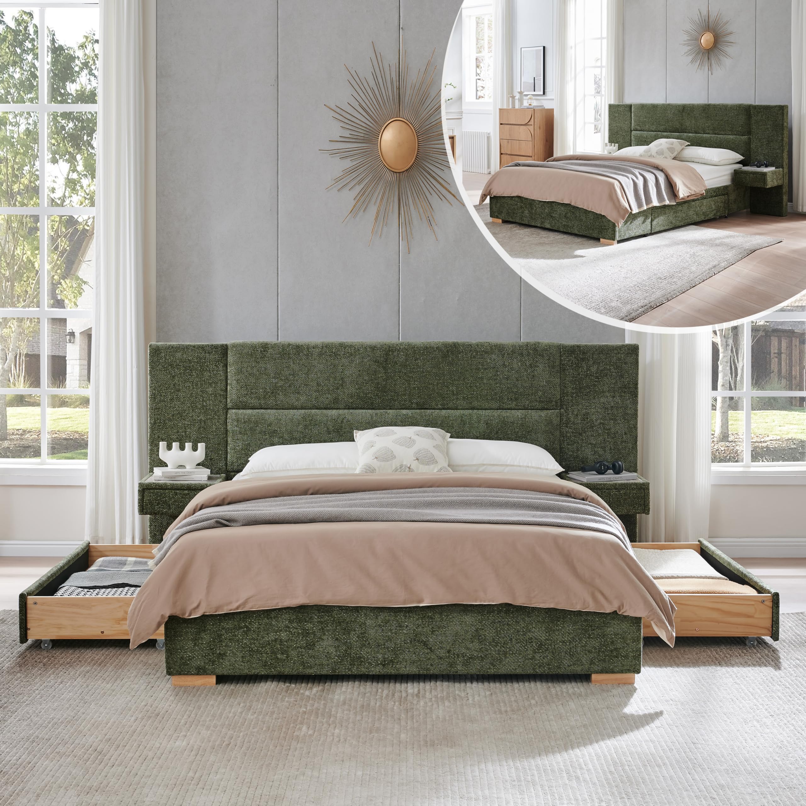 Queen Size Upholstered Platform Bed Frame with 2 Side Storage Drawers & Built-in Nightstands, Linen Headboard, Sturdy Metal Frame, Noise-Free, No Box Spring Needed, Turtle Green