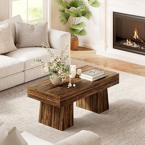 Miniatura 7 de LITTLE TREE - Mesa de café de granja, mesa de sala de 47 pulgadas, mesas centrales de acento rectangulares de madera con base gruesa, muebles Marrón