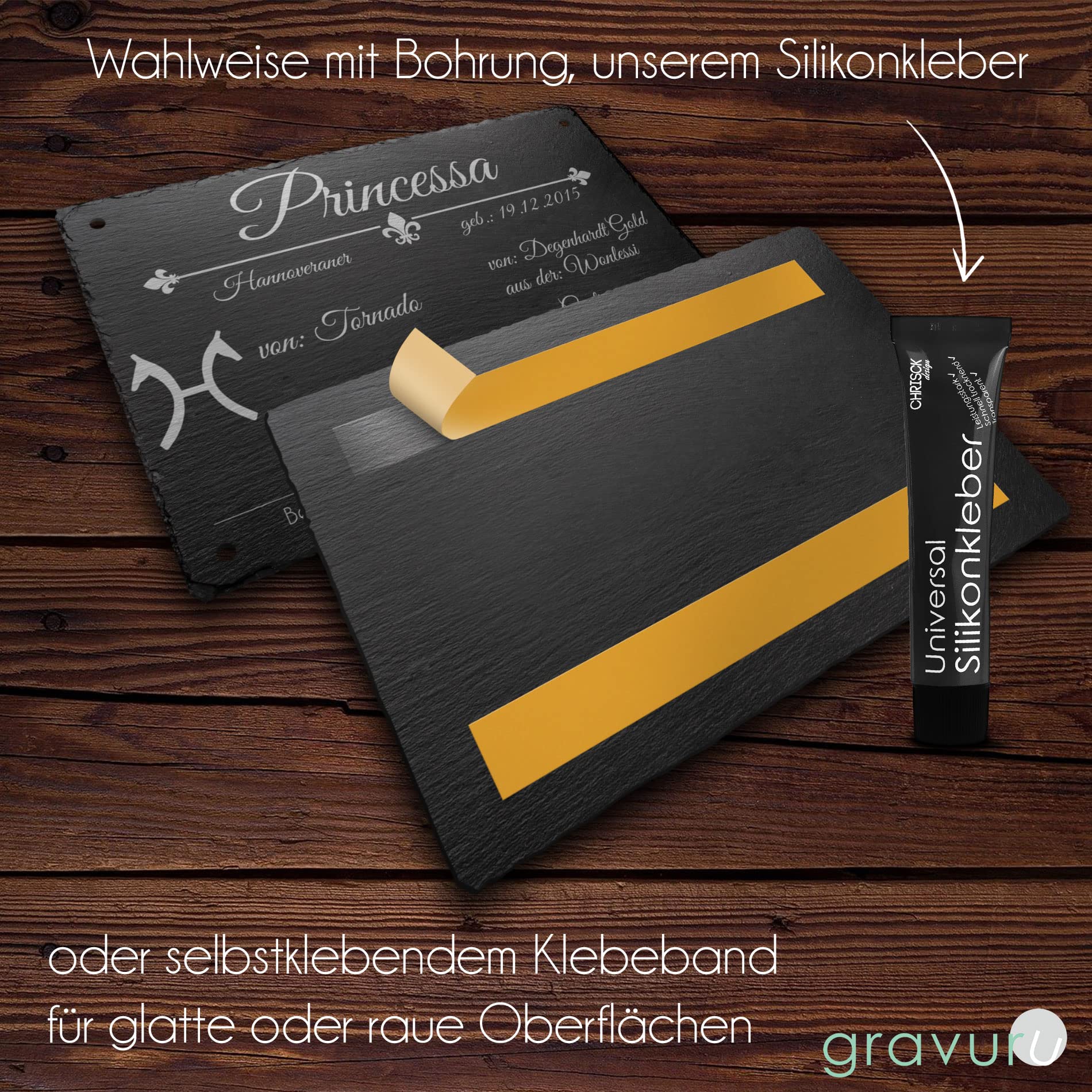 CHRISCK design Witterungsbeständiges Boxenschild aus Natur Schiefer | mit individueller Gravur mit Namen und Abstammung | 30x20 cm | wahlweise Selbstklebend oder mit Bohrlöchern (D18)