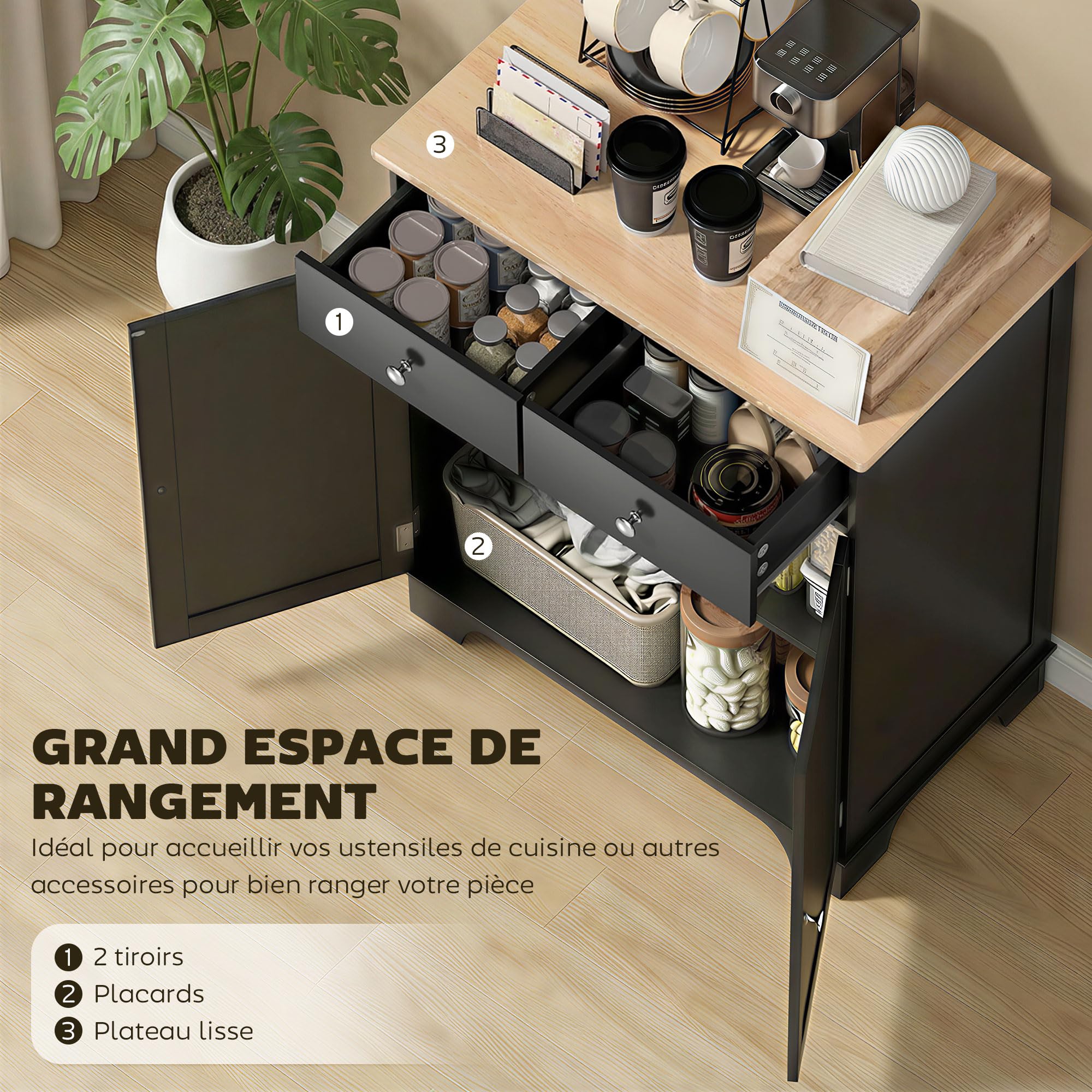 HOMCOM Meuble de Rangement Buffet Salon avec placards à Portes, 2 tiroirs et étagère réglable, Armoire de Rangement pour Salon, Cuisine, Chambre, Noir et Bois Naturel