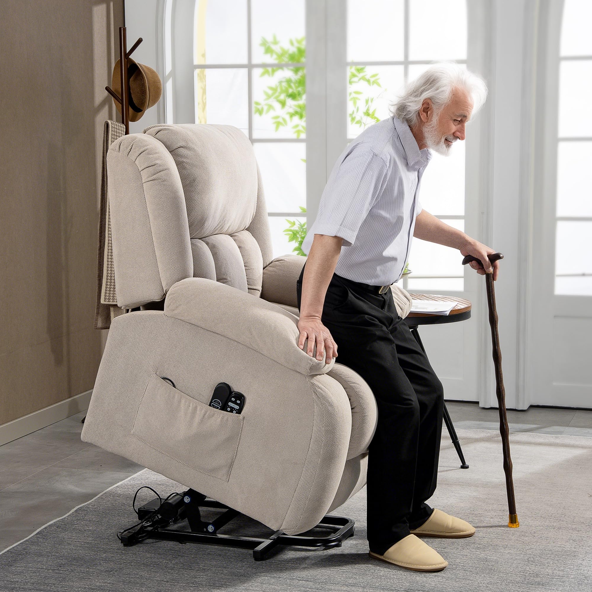 HOMCOM - Silla elevadora eléctrica con función de masaje y calefacción, sillón relax eléctrico con respaldo reclinable, puertos USB, mando a distancia, reposapiés y bolsillo lateral, color beige