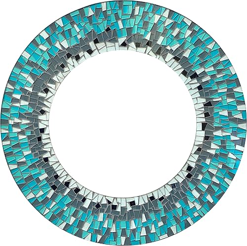 Espejo decorativo hecho a mano con mosaico azul cielo y verde azulado, marco de 24 pulgadas, espejo redondo de 14 pulgadas para pasillo, dormitorio,