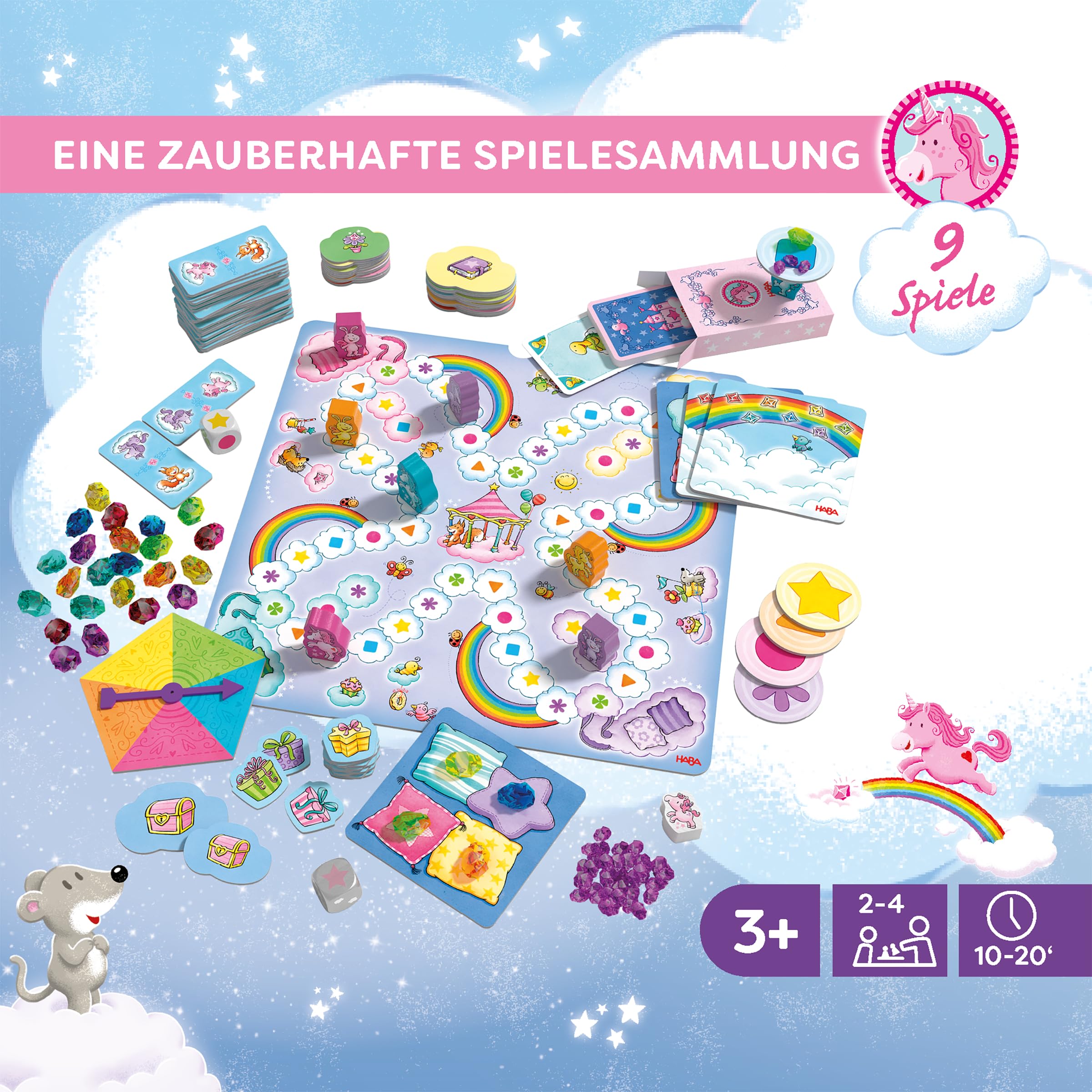 HABA Unicorno Glitter Felice – Collezione di Giochi dai 3 Anni in su, con 9 Diversi Giochi di Dadi, Carte e da Tavolo per 2-4 Bambini, spiegati Semplicemente – 2012231001