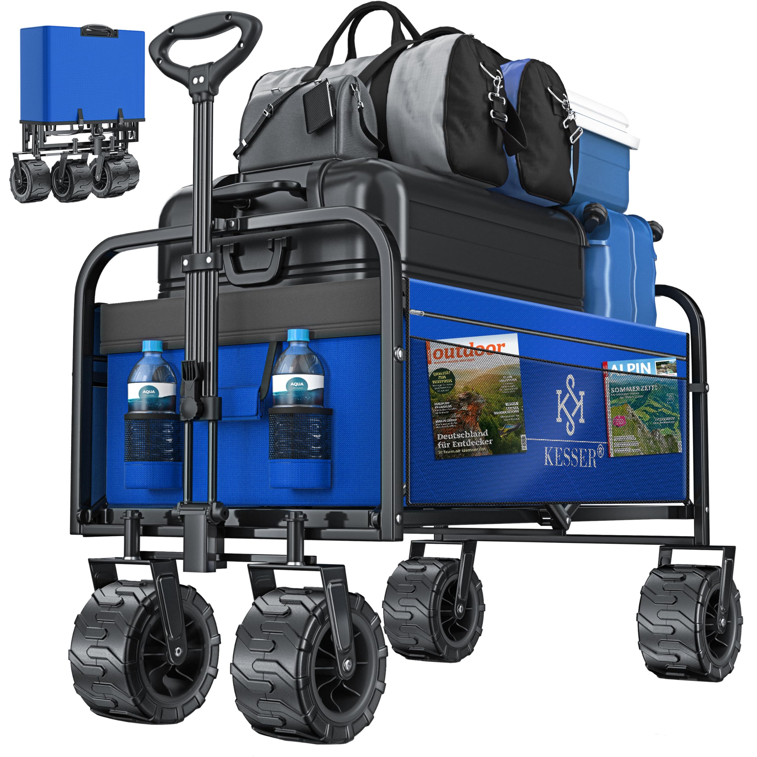 KESSER Chariot de transport pliable - Charge maximale : 150 kg - Avec pneus larges en caoutchouc solide - Chariot de transport avec 2 poches en filet et poche latérale - Chariot de transport pliable