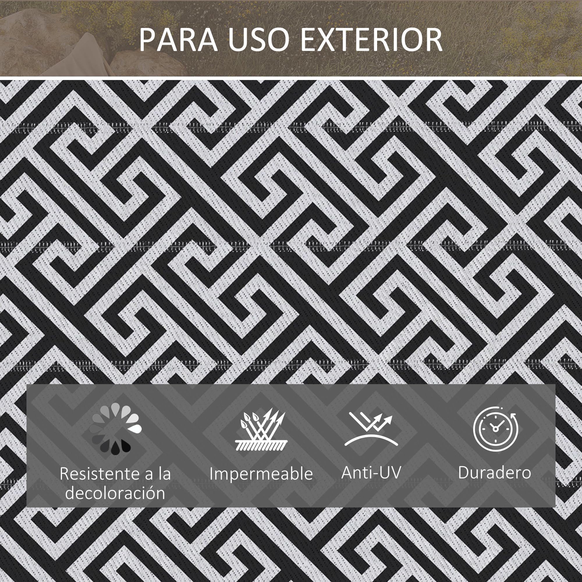 Outsunny Alfombra de Exterior 182x274 cm Alfombra Reversible con Patrón Geométrico Impermeable para Terraza Balcón Patio Camping Playa Blanco y Negro