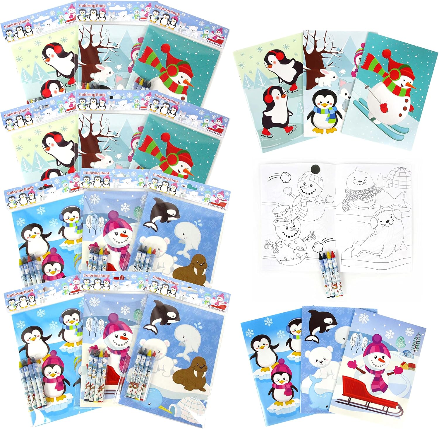 TINYMILLS Winter Snowman Penguins Coloring Book Crayon Set for Kids Party Favors with 12 Coloring Books and 48 Crayons for Holiday Goody Bag Stuffers for Kids Gifts Carnival Prizes Classroom Gift